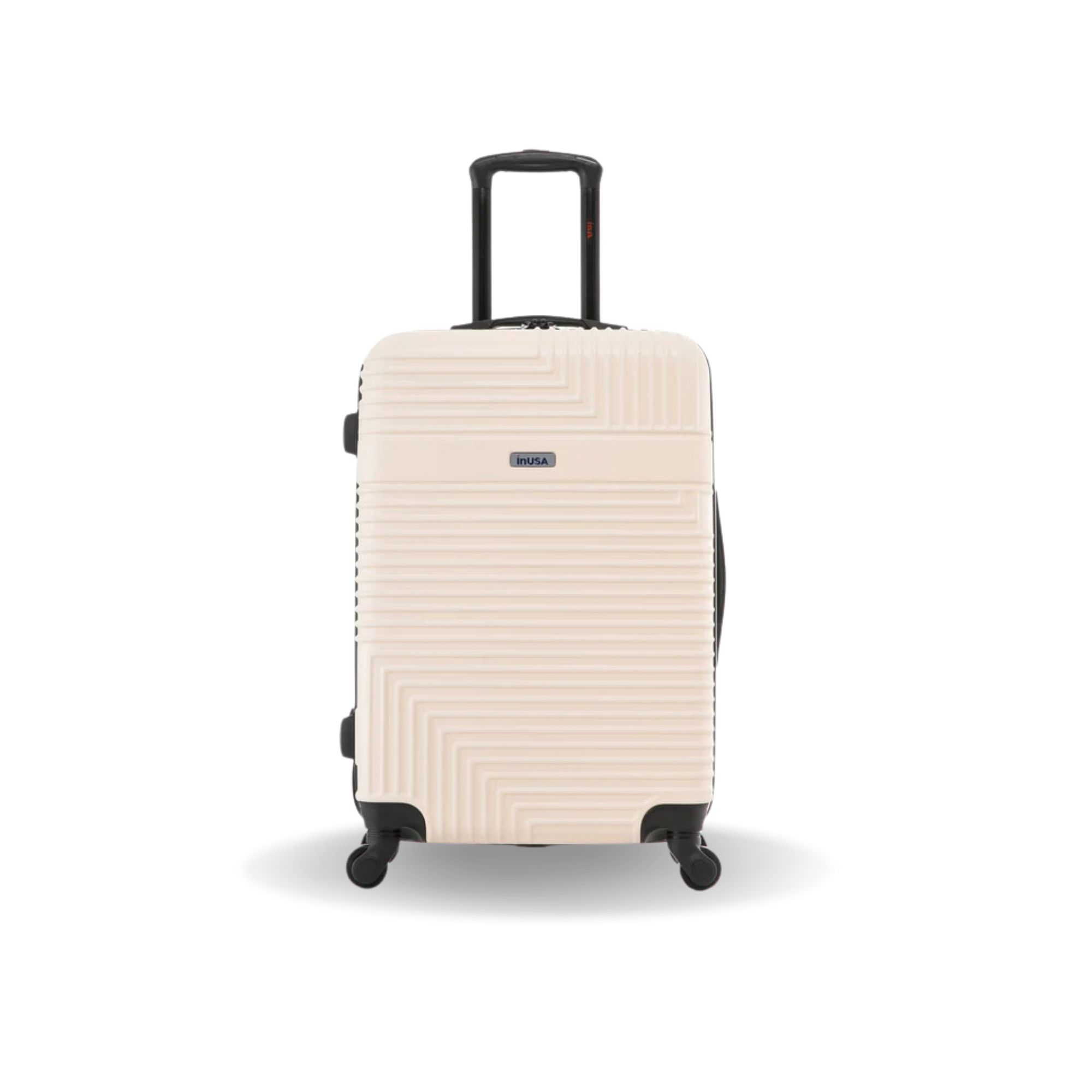 Beige suitcase with a geometric pattern on a white background