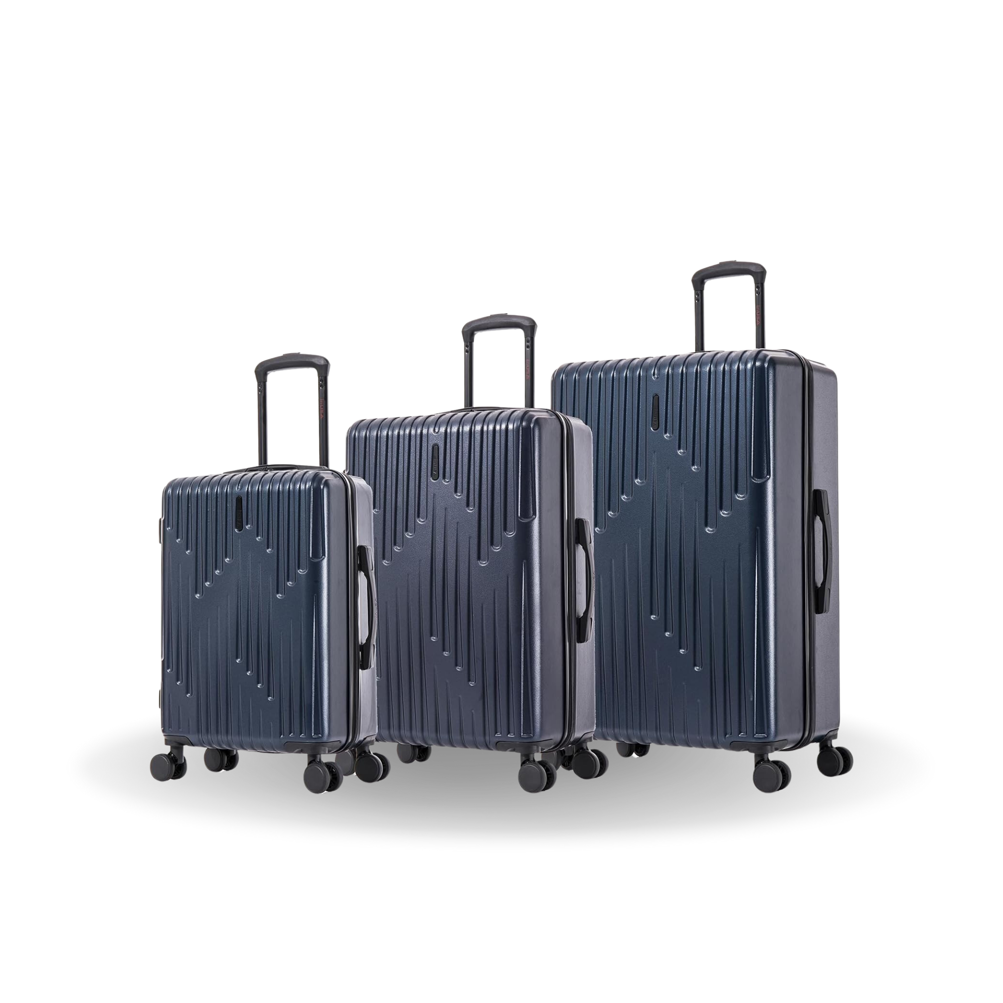 Set of three navy blue suitcases with wheels on a white background