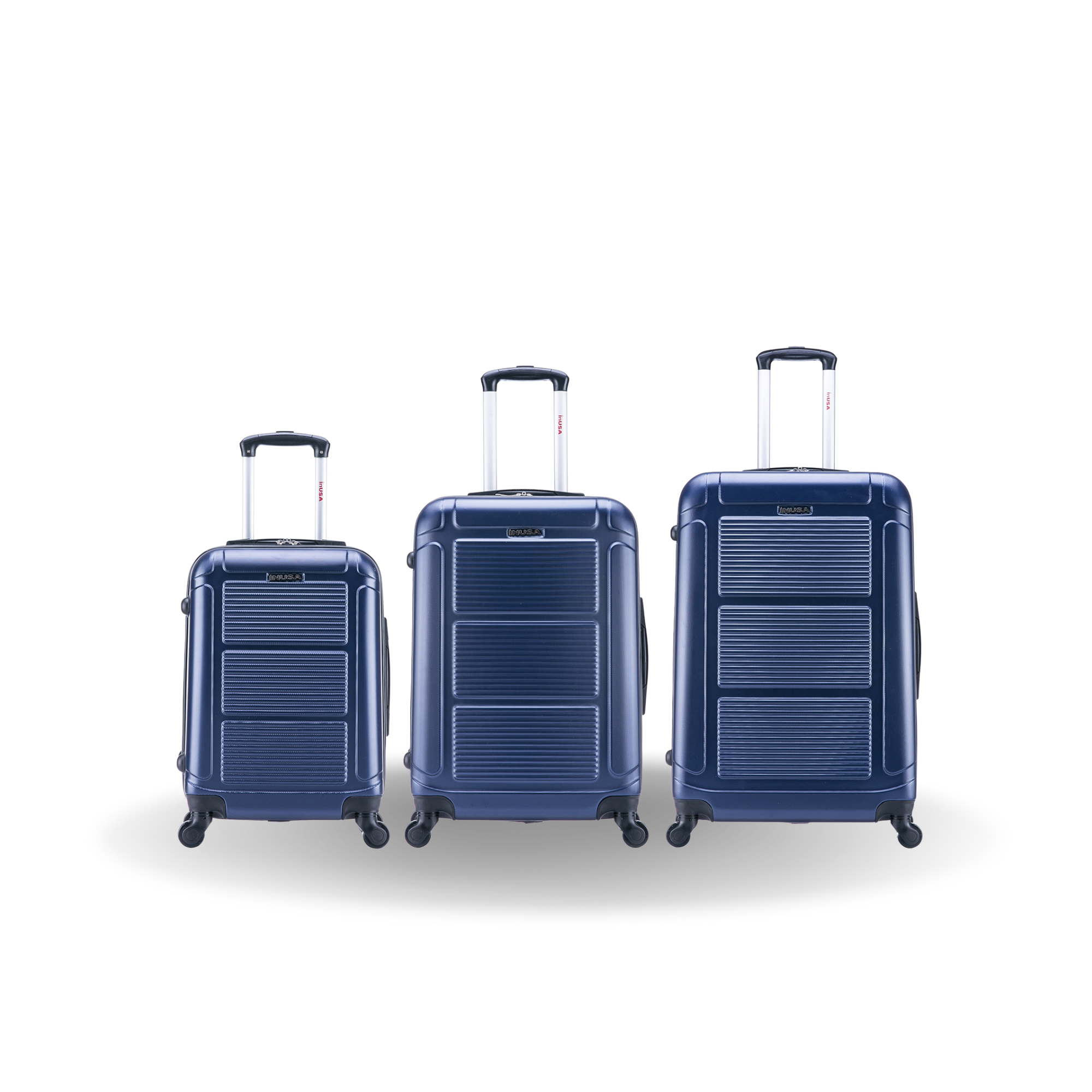Three blue suitcases of different sizes on a white background