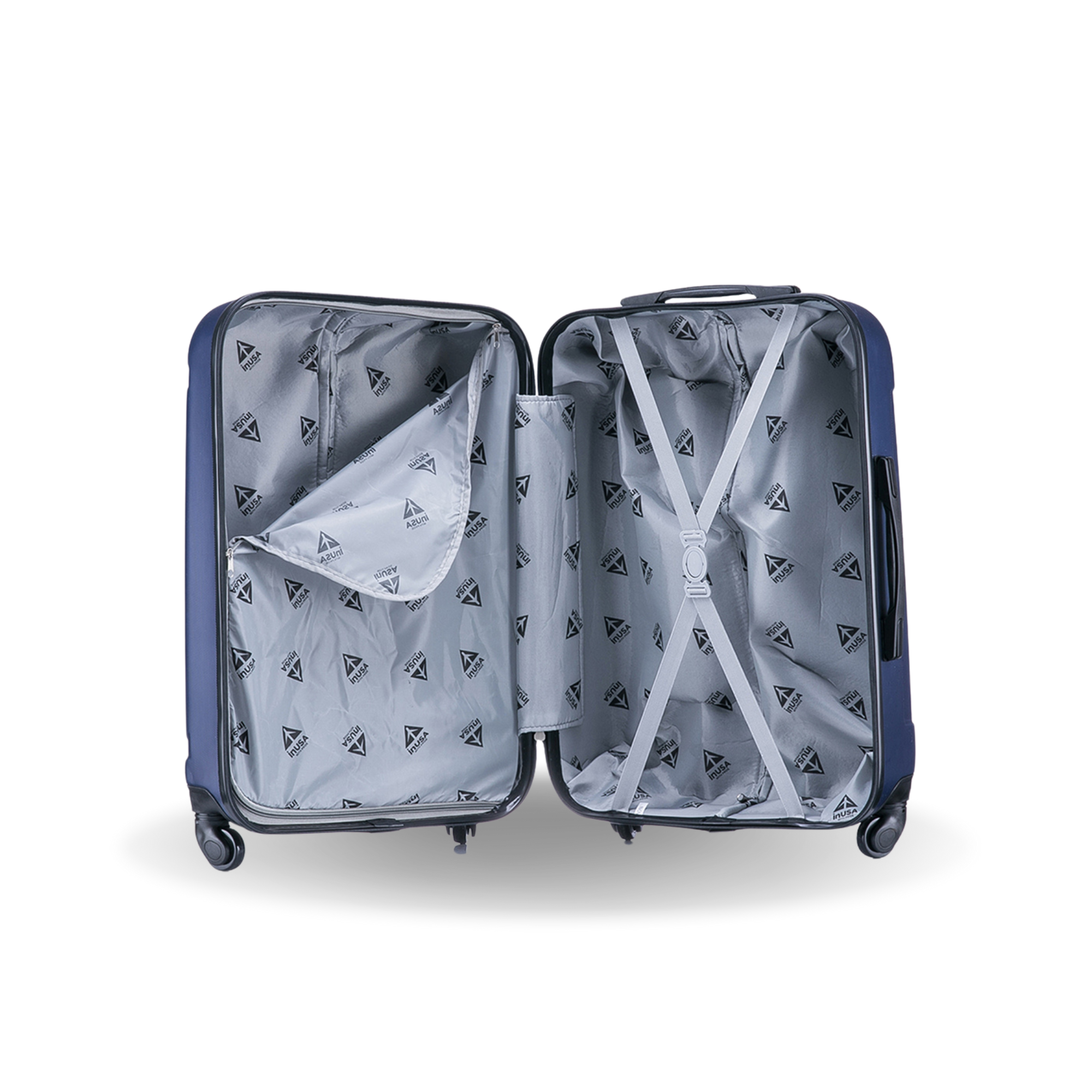 Open blue suitcase with interior pattern on a white background