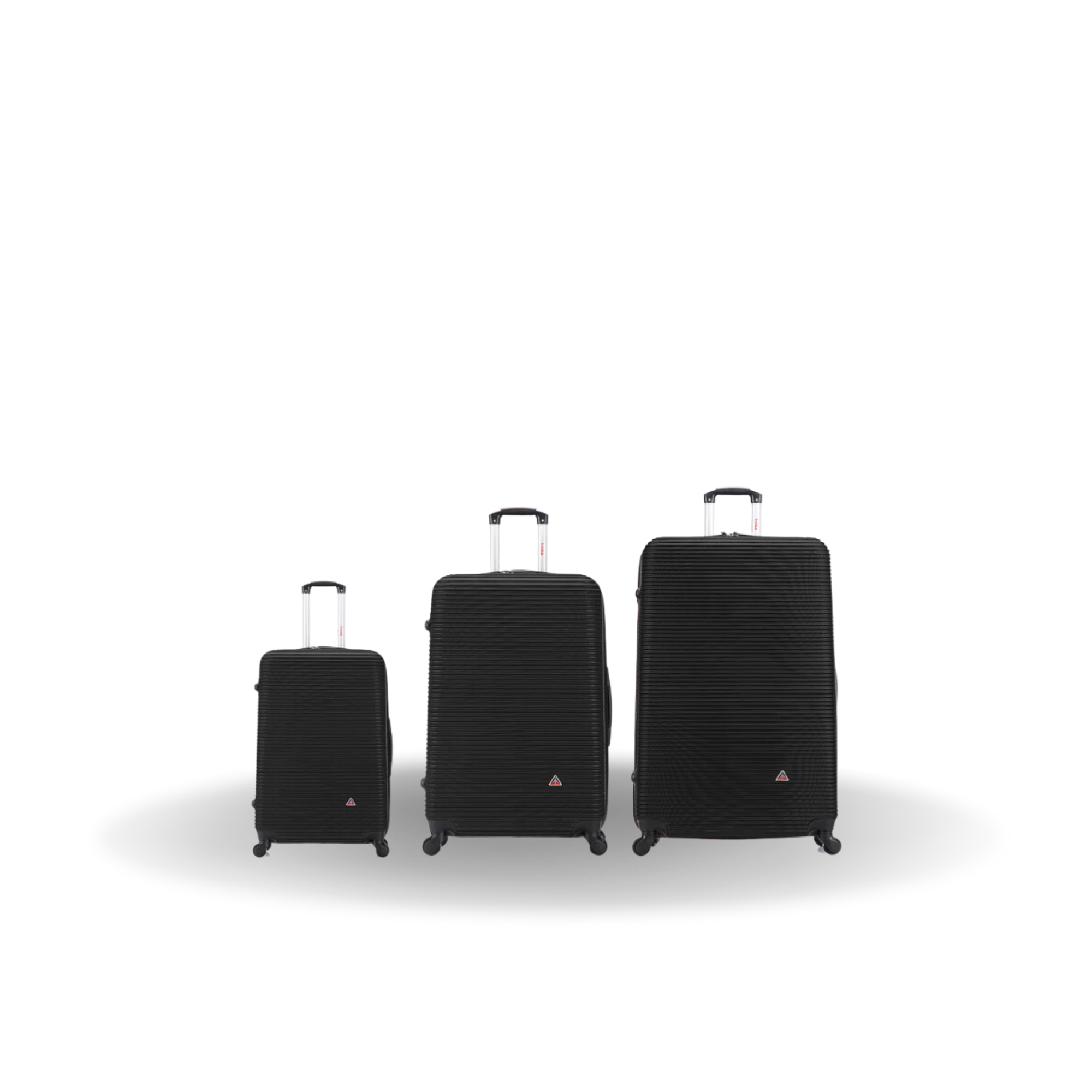 Three black suitcases of different sizes on a white background