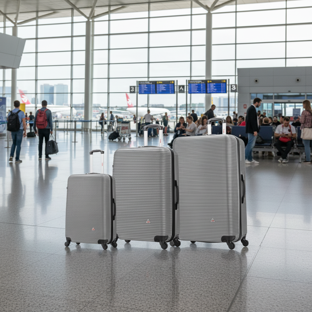 Set of three gray suitcases of different sizes on a white background