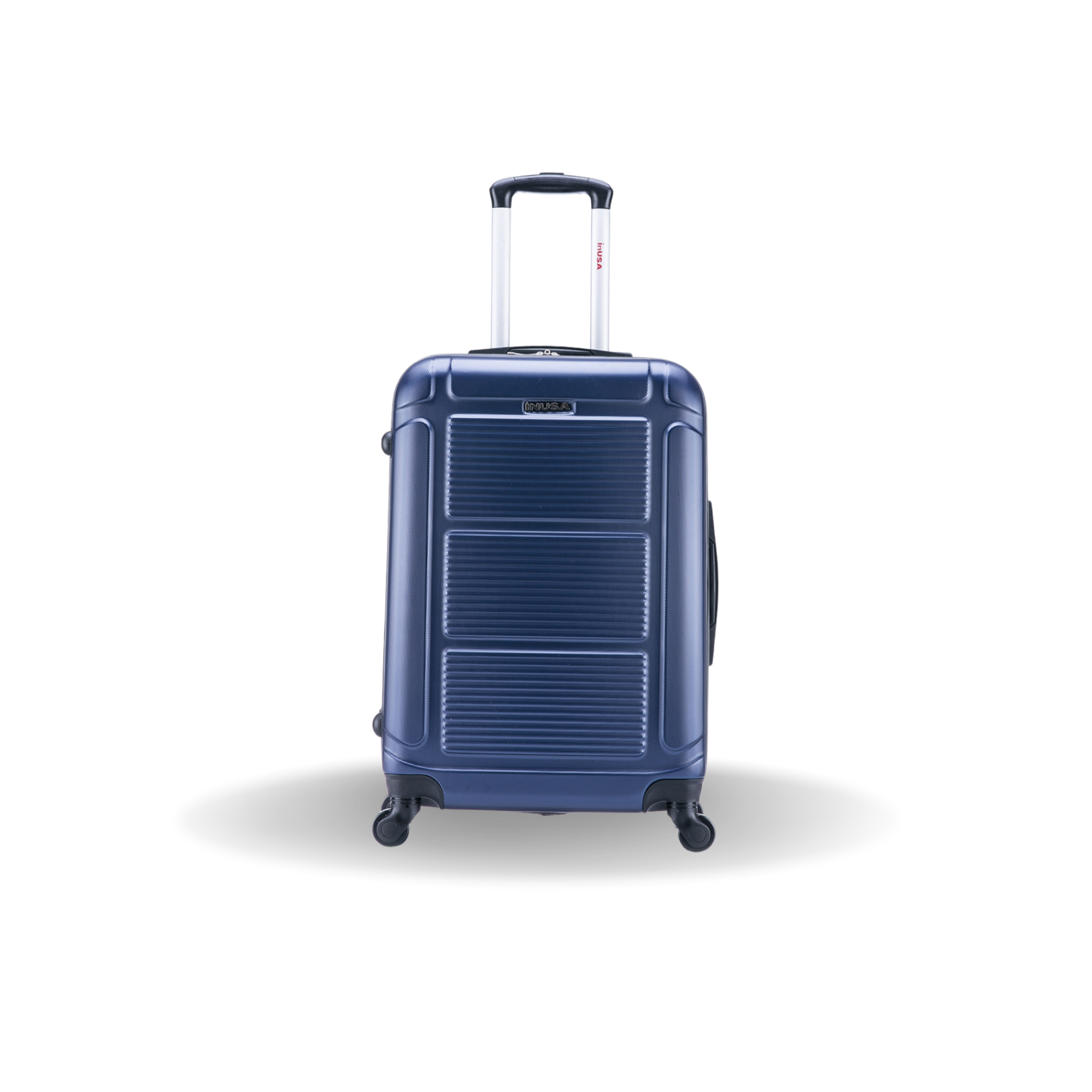 Blue suitcase with wheels on a white background