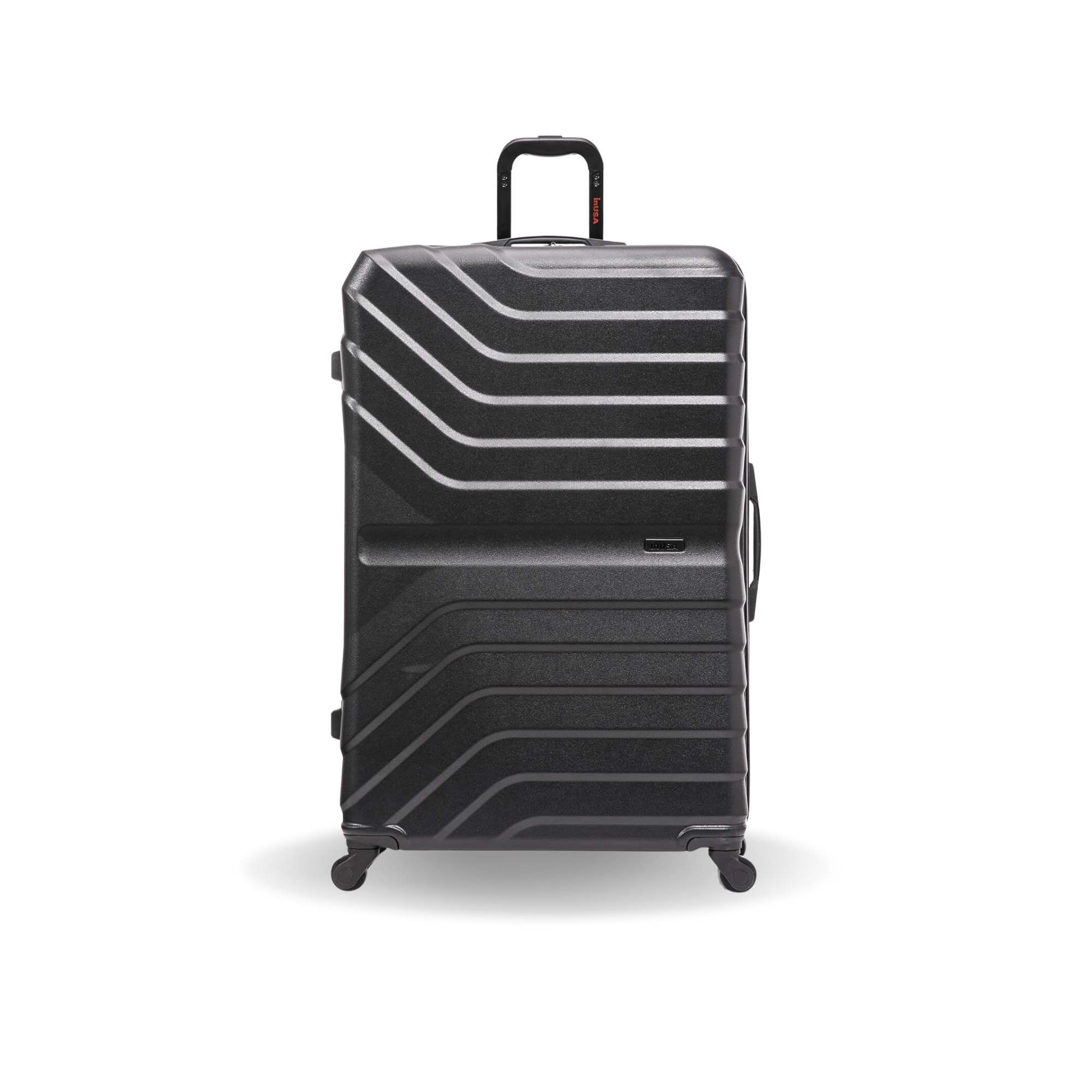 Black suitcase with a geometric pattern on a white background