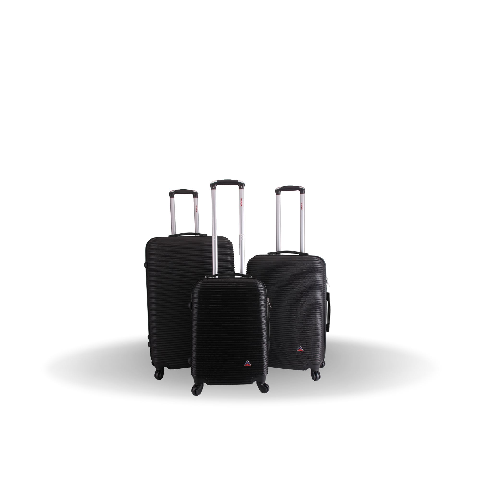 Set of black suitcases with handles on a white background