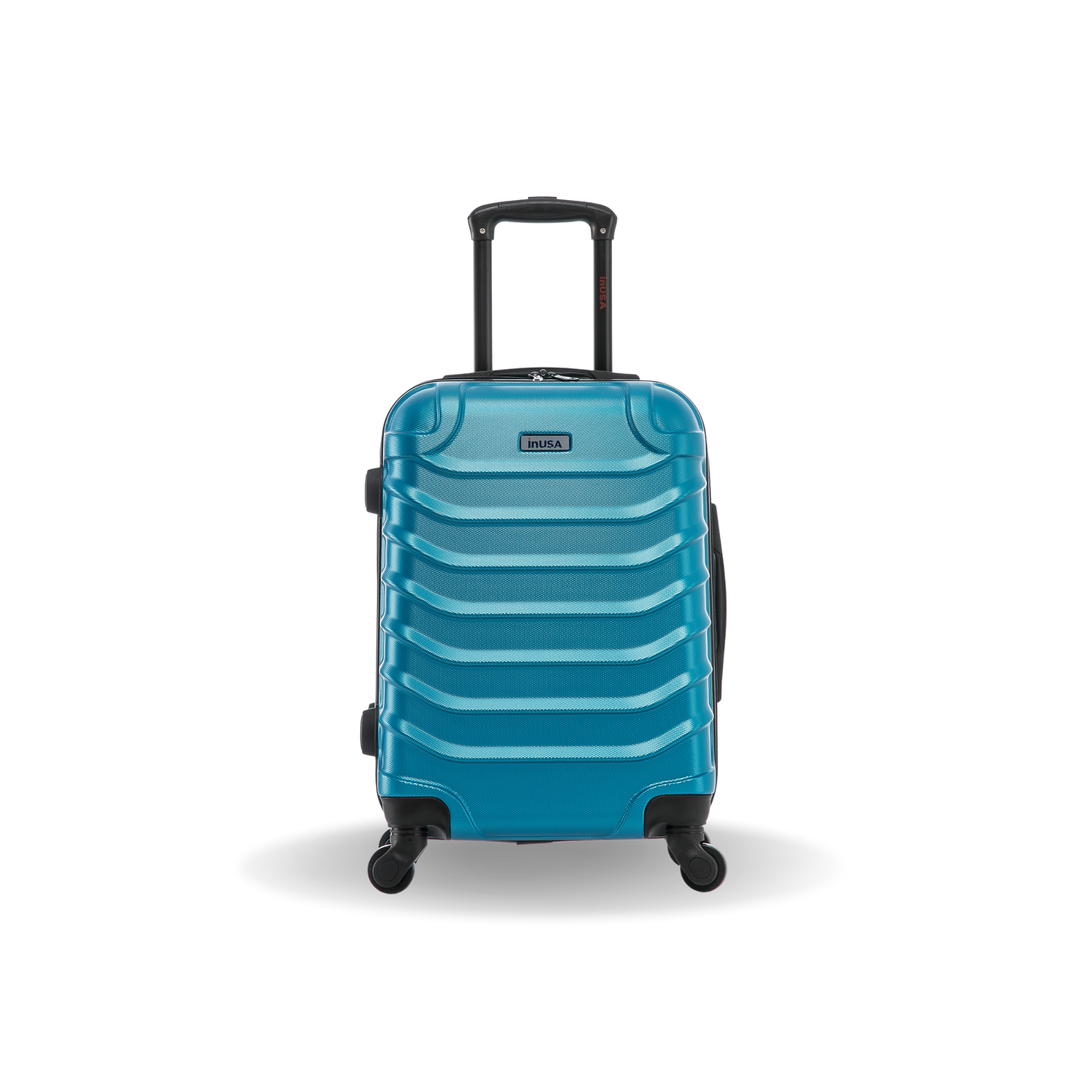Blue suitcase with a black handle on a white background