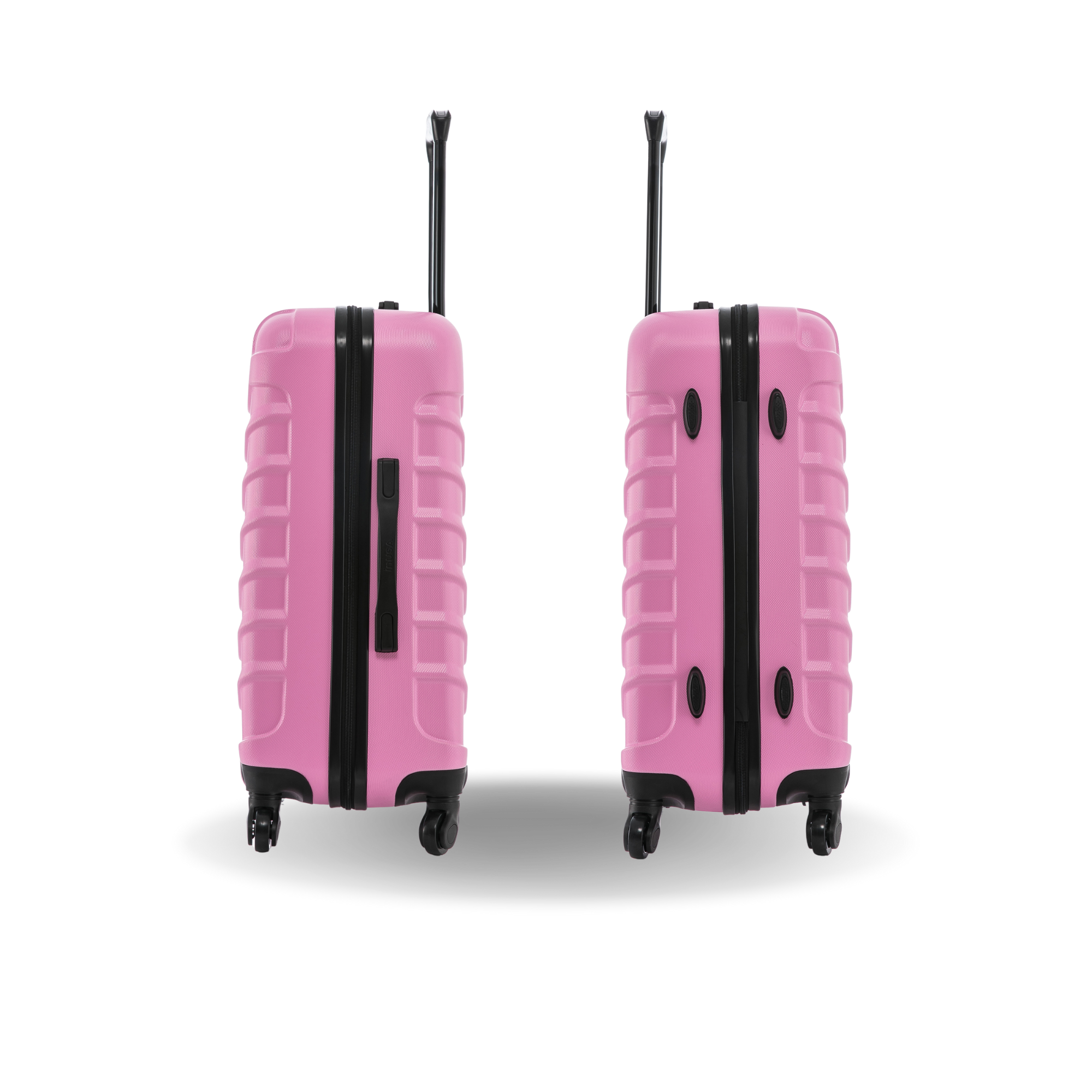 Two pink suitcases with black accents on a white background