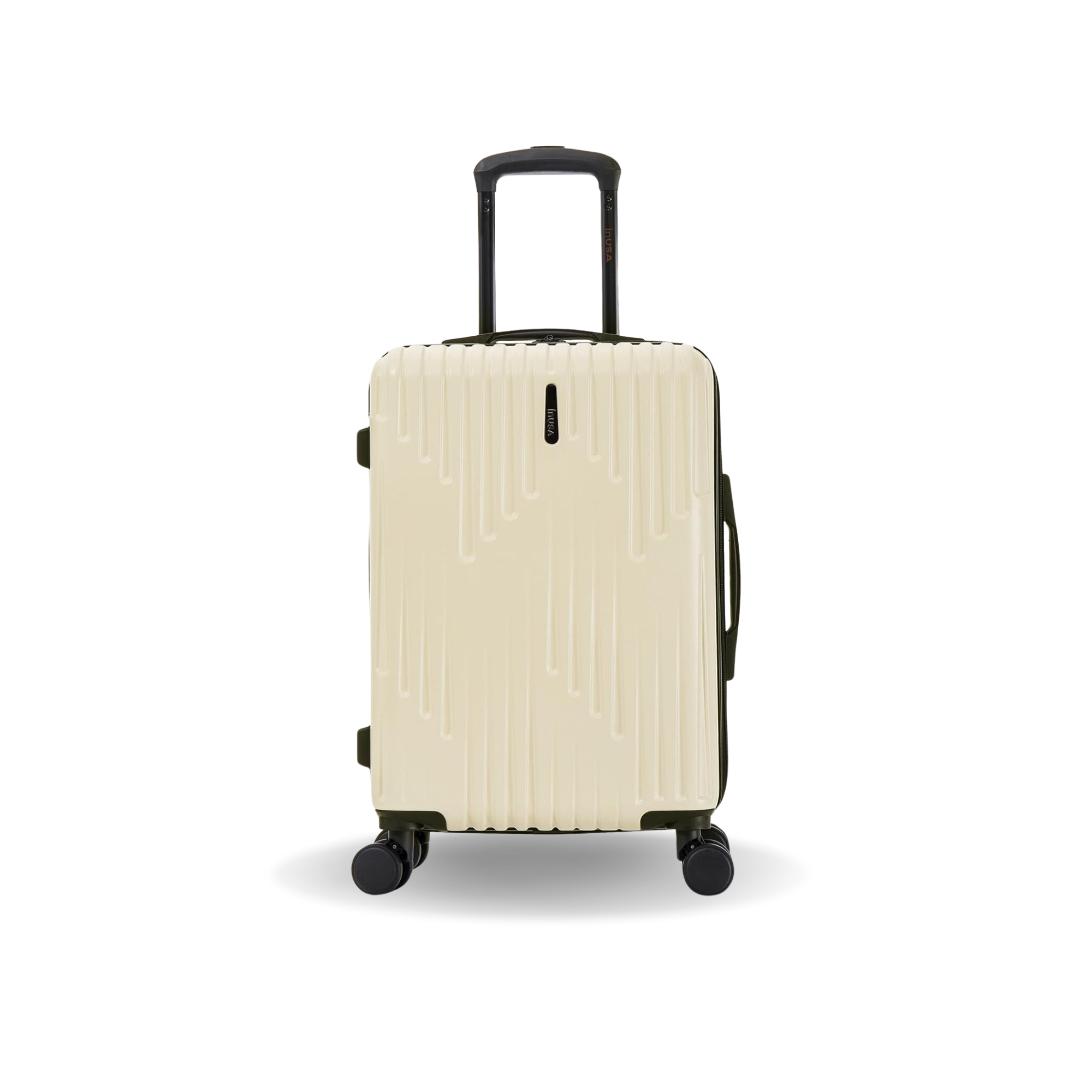 Beige suitcase with a black handle and wheels on a white background