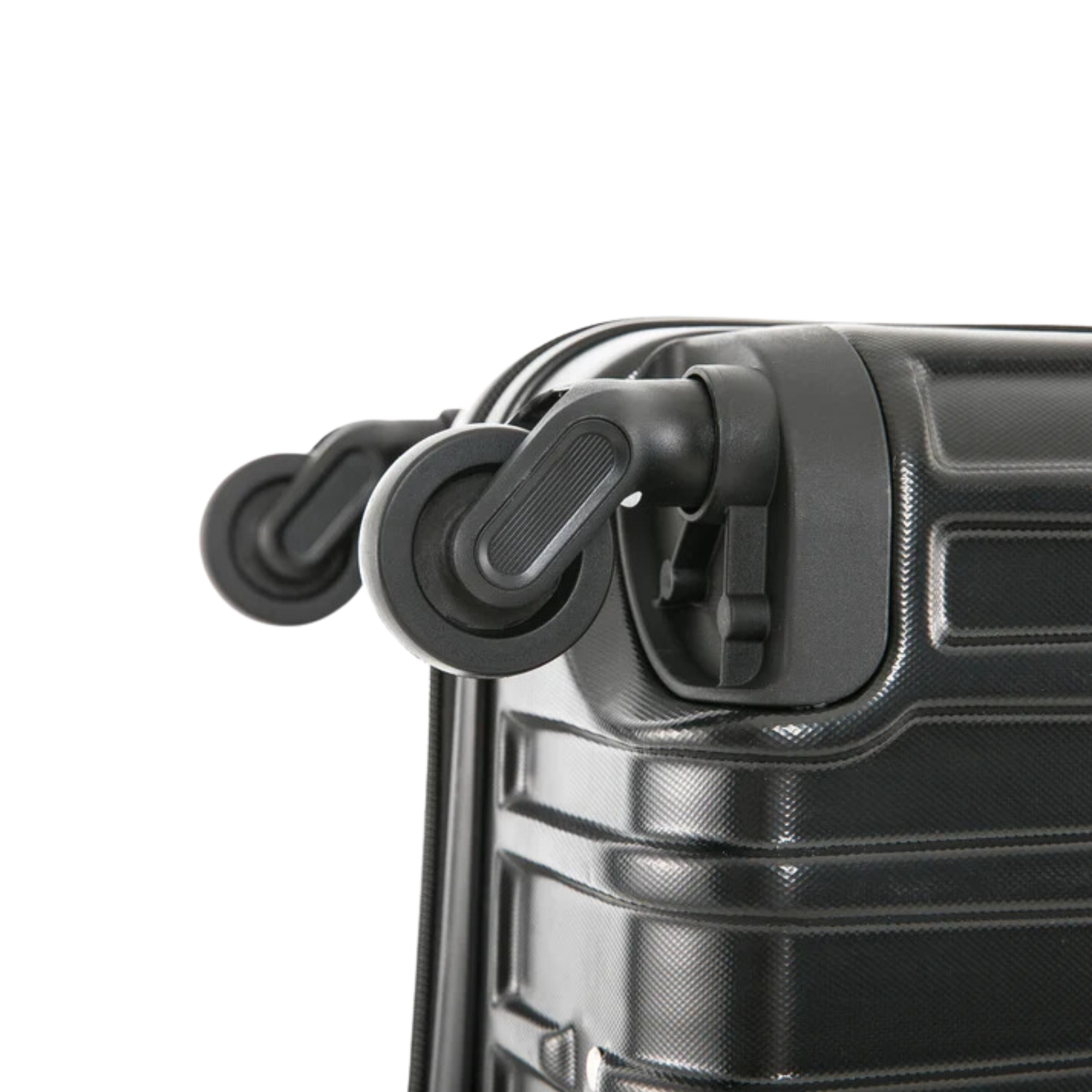 Close-up of a black suitcase with wheels and handle on a white background