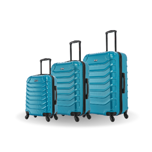 Set of three blue suitcases of different sizes on a white background