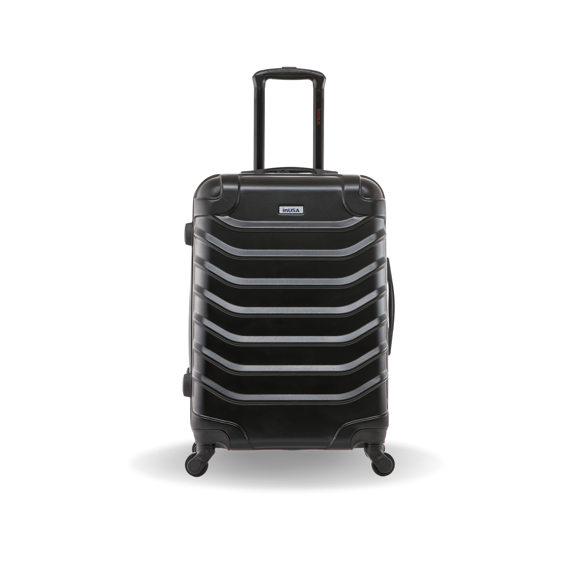 Black suitcase with silver accents on a white background
