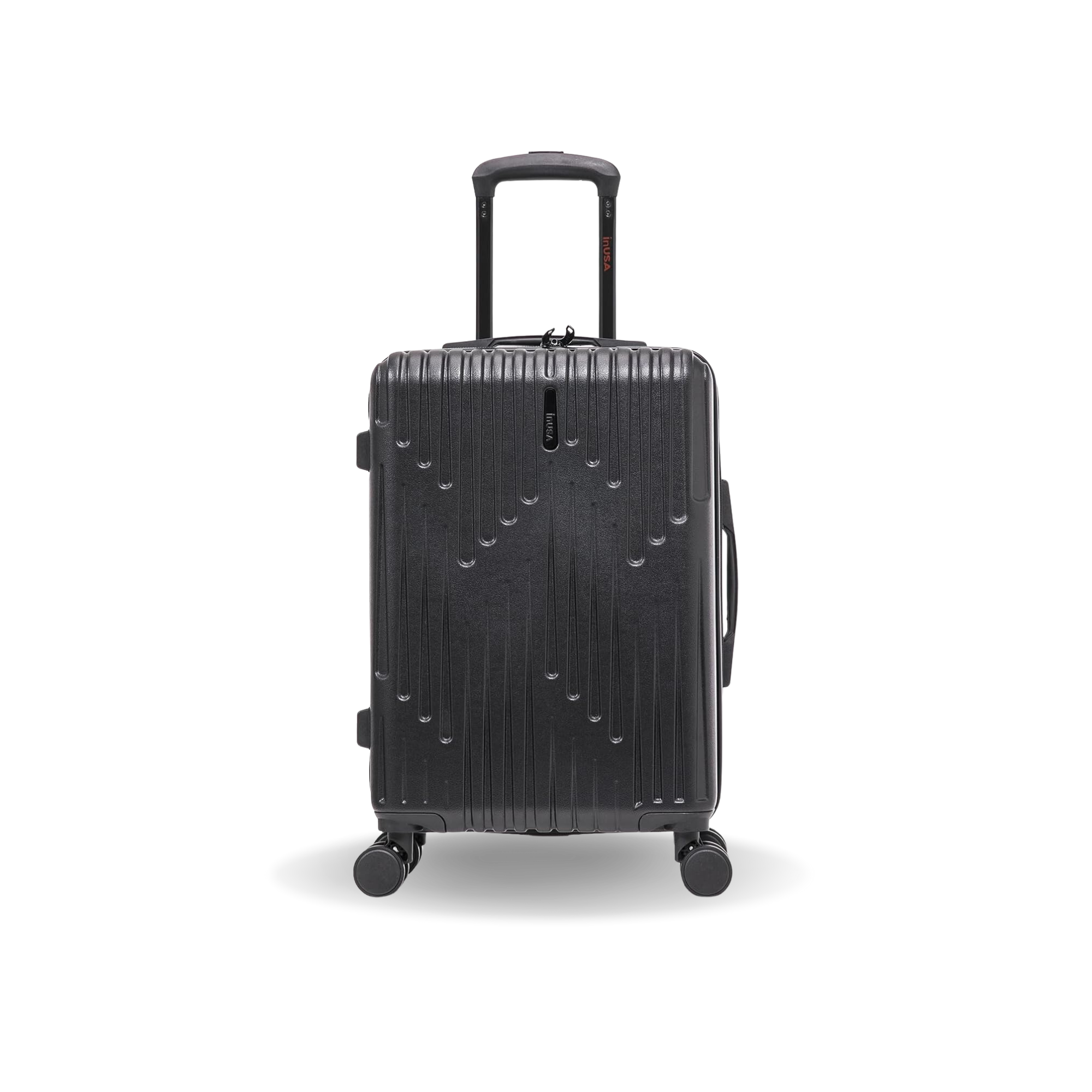 Black suitcase with a textured surface on a white background