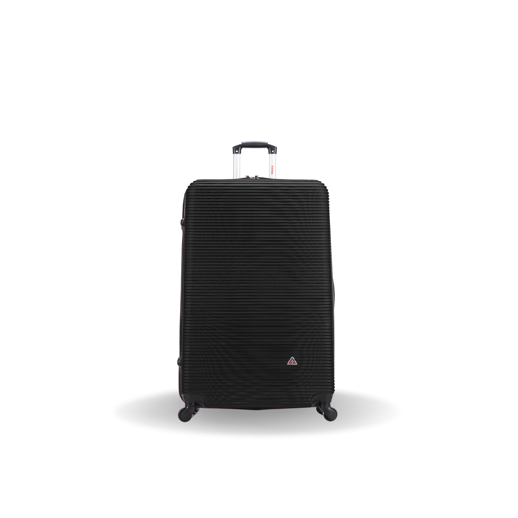 Black suitcase with a visible brand logo on a white background