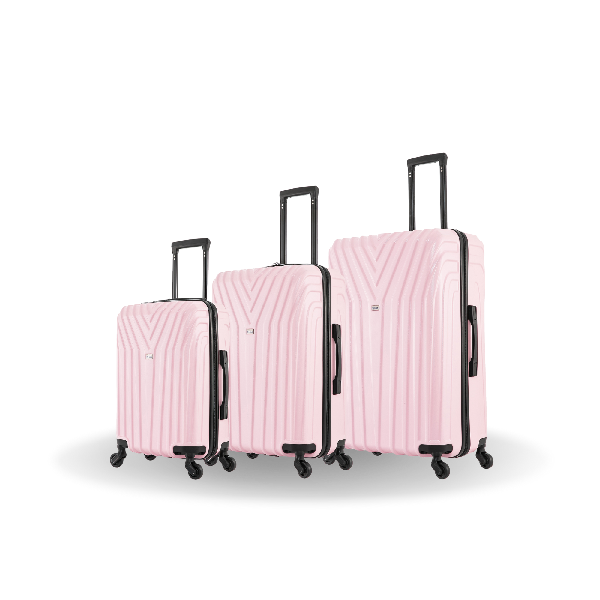 Set of three pink suitcases with black wheels on a white background