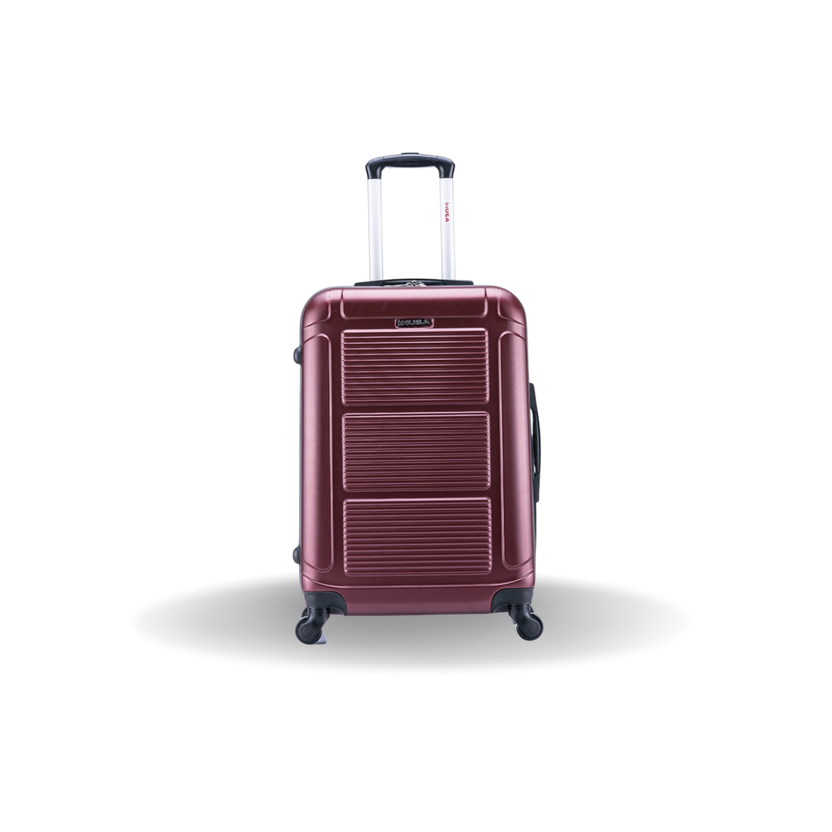 Red suitcase with a visible brand logo on a white background
