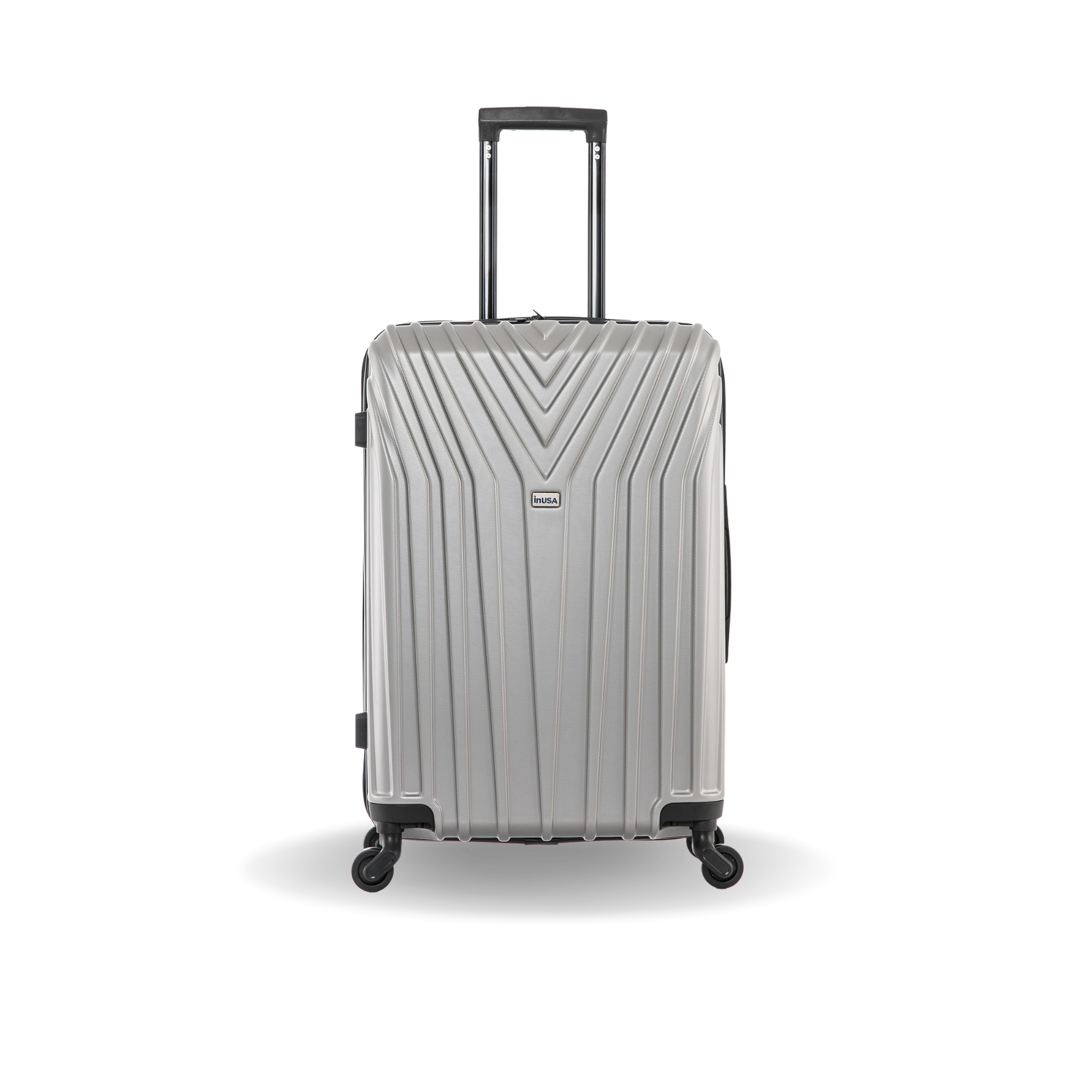 Silver suitcase with black wheels and handle on a white background