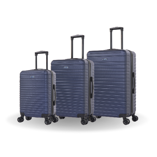 Three blue suitcases of different sizes on a white background
