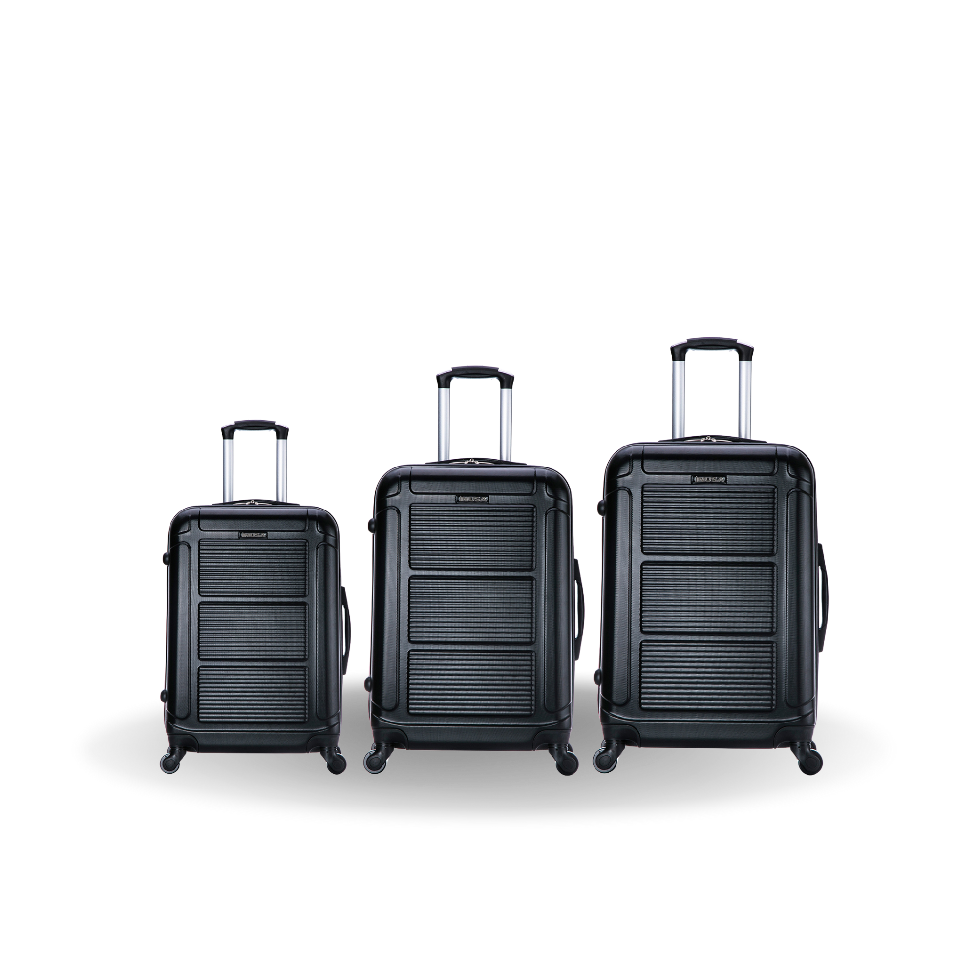 Three black suitcases of different sizes on a white background