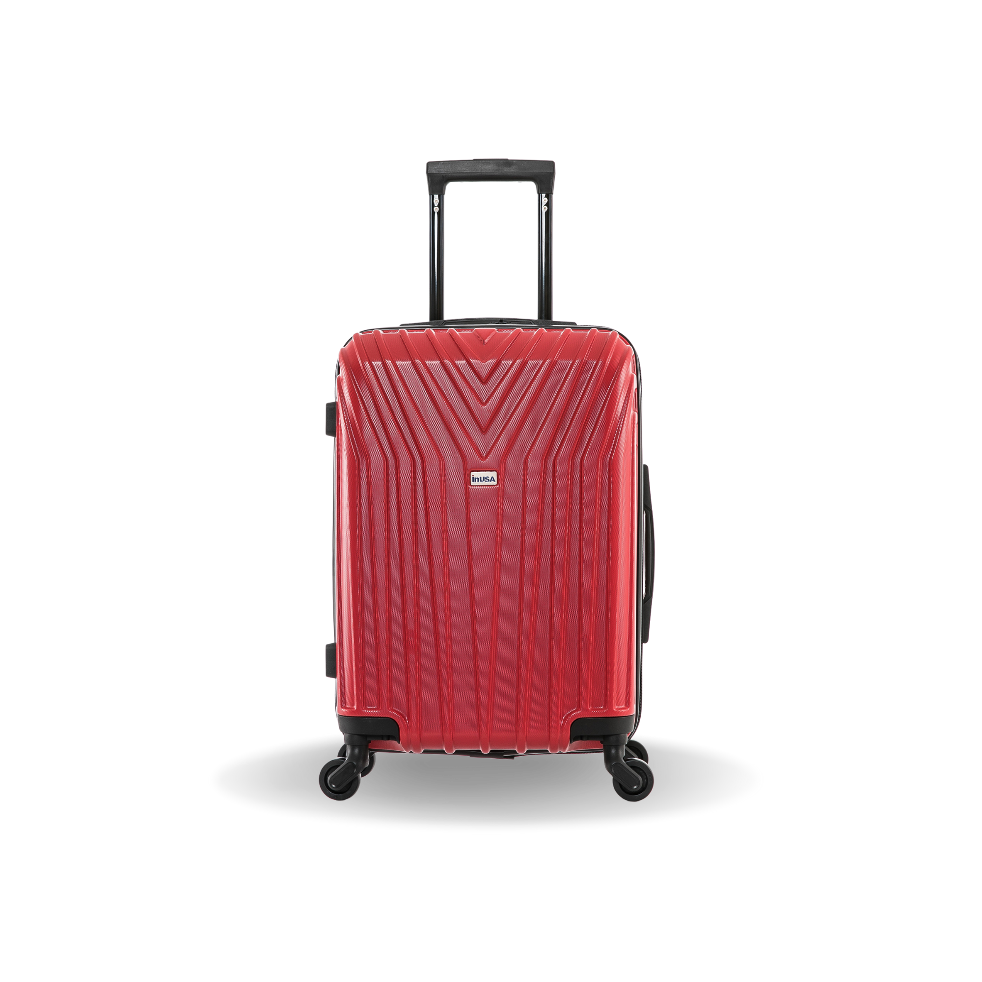 Red suitcase with a black handle and wheels on a white background