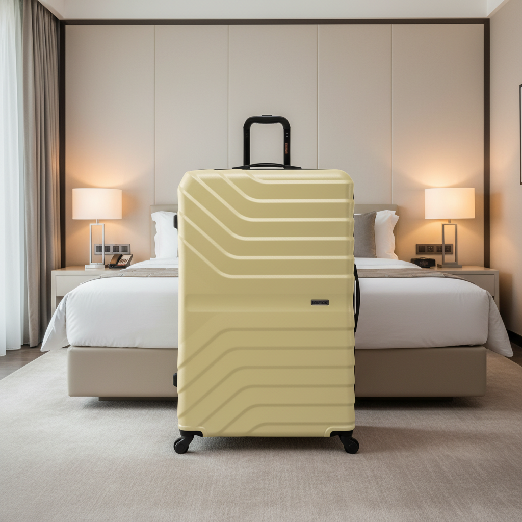 Beige suitcase with a black handle on a white background