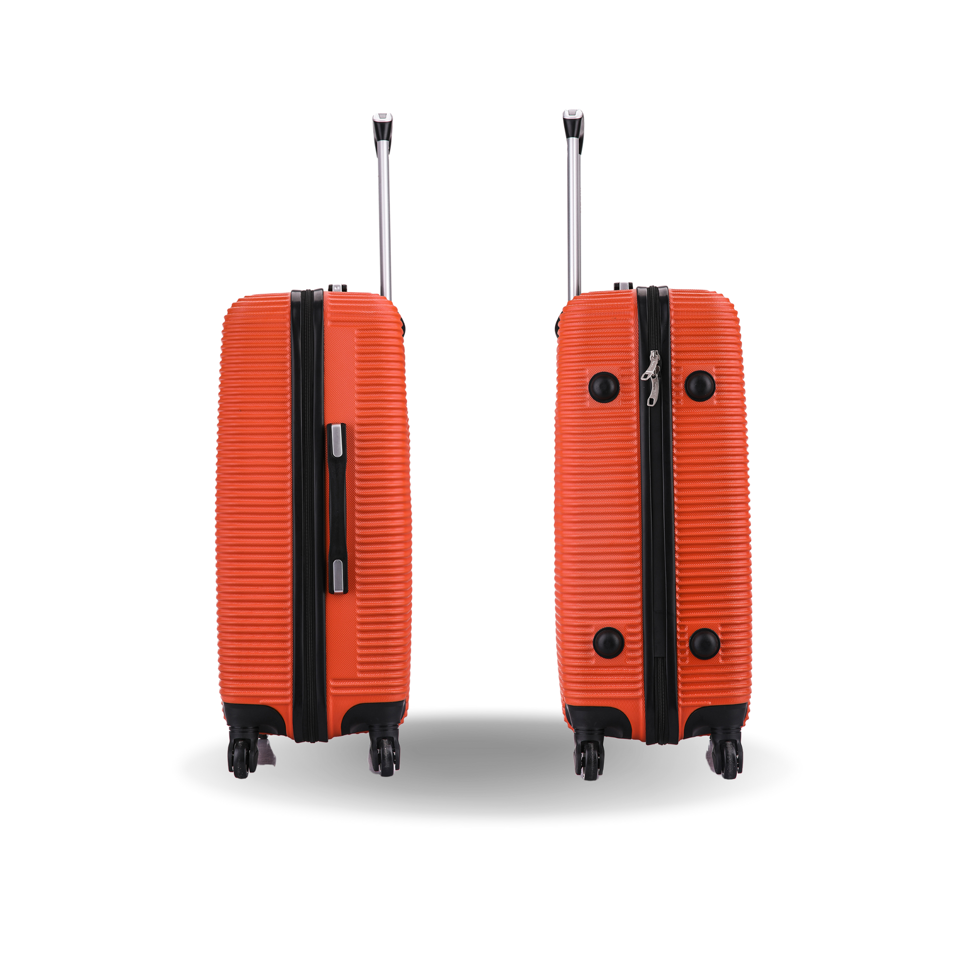 Two orange suitcases with black zippers on a white background