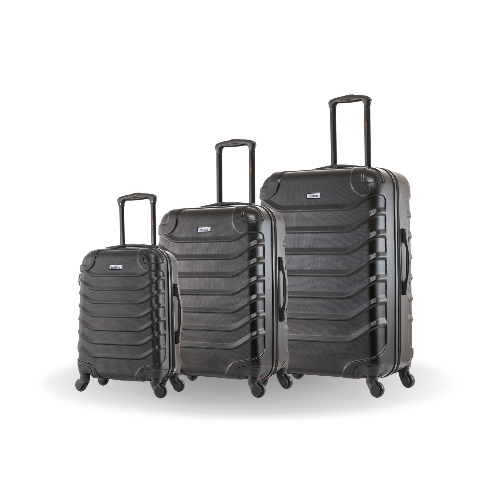 Set of three black suitcases of different sizes on a white background