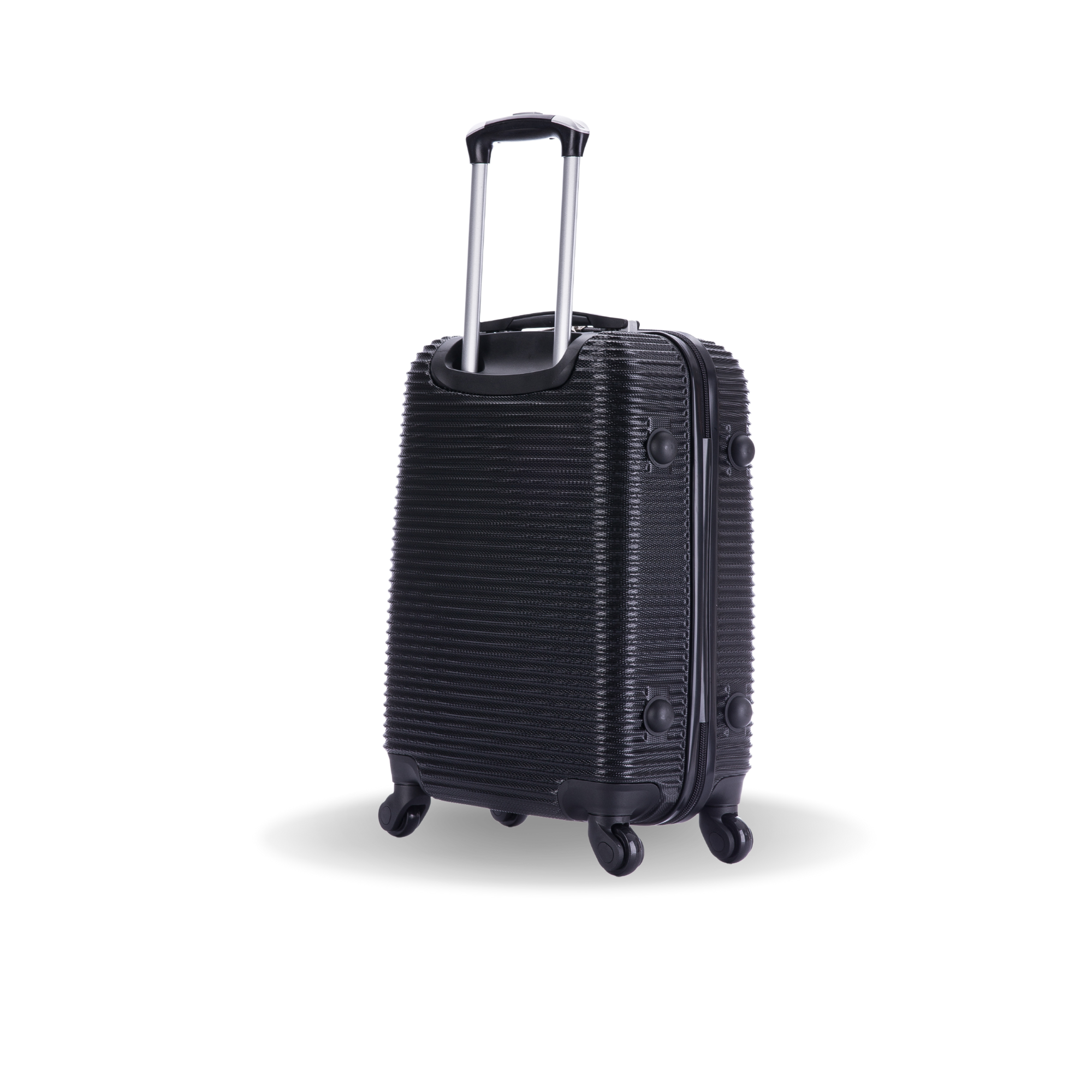 Black textured suitcase with wheels on a white background