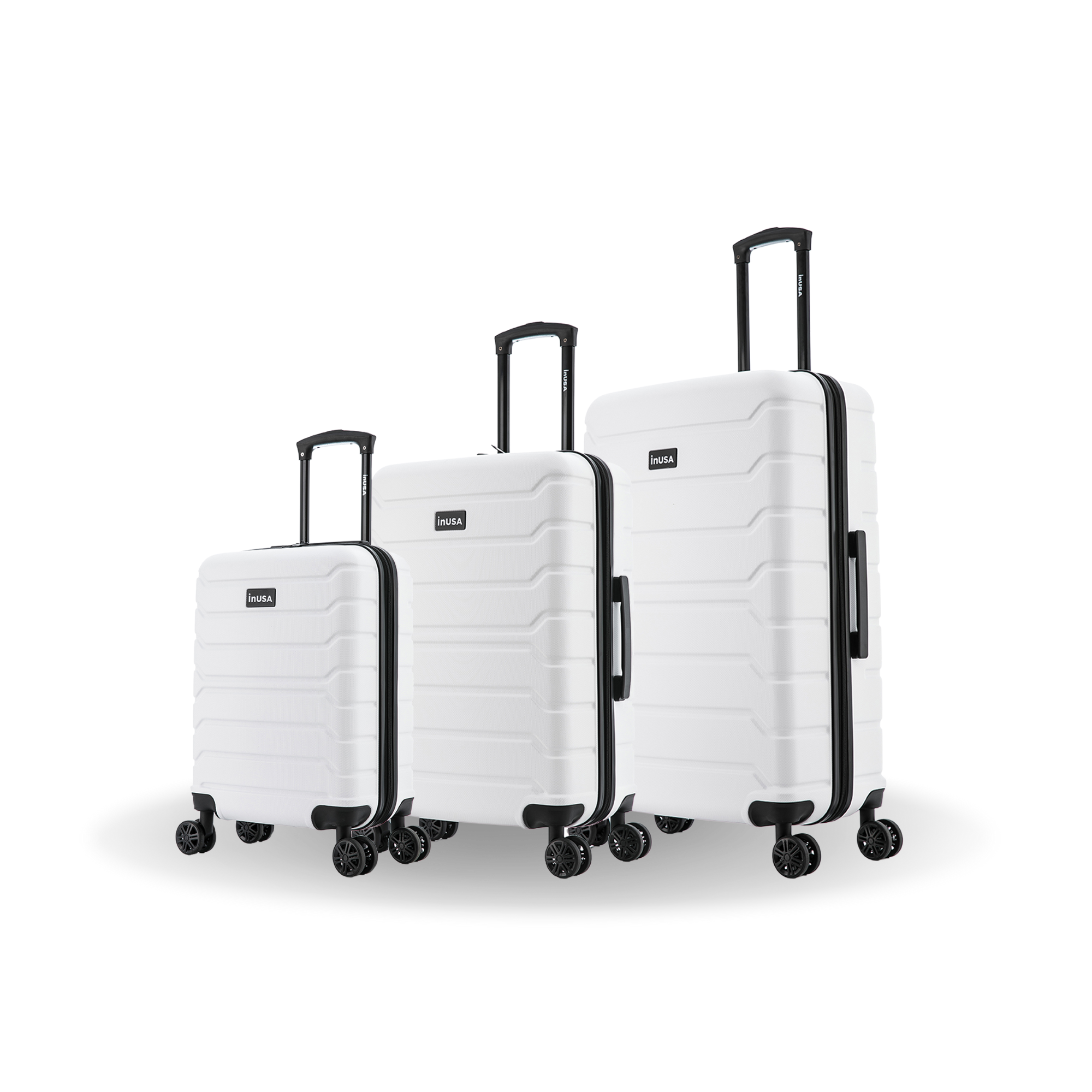 Set of three white suitcases with black handles and wheels on a white background