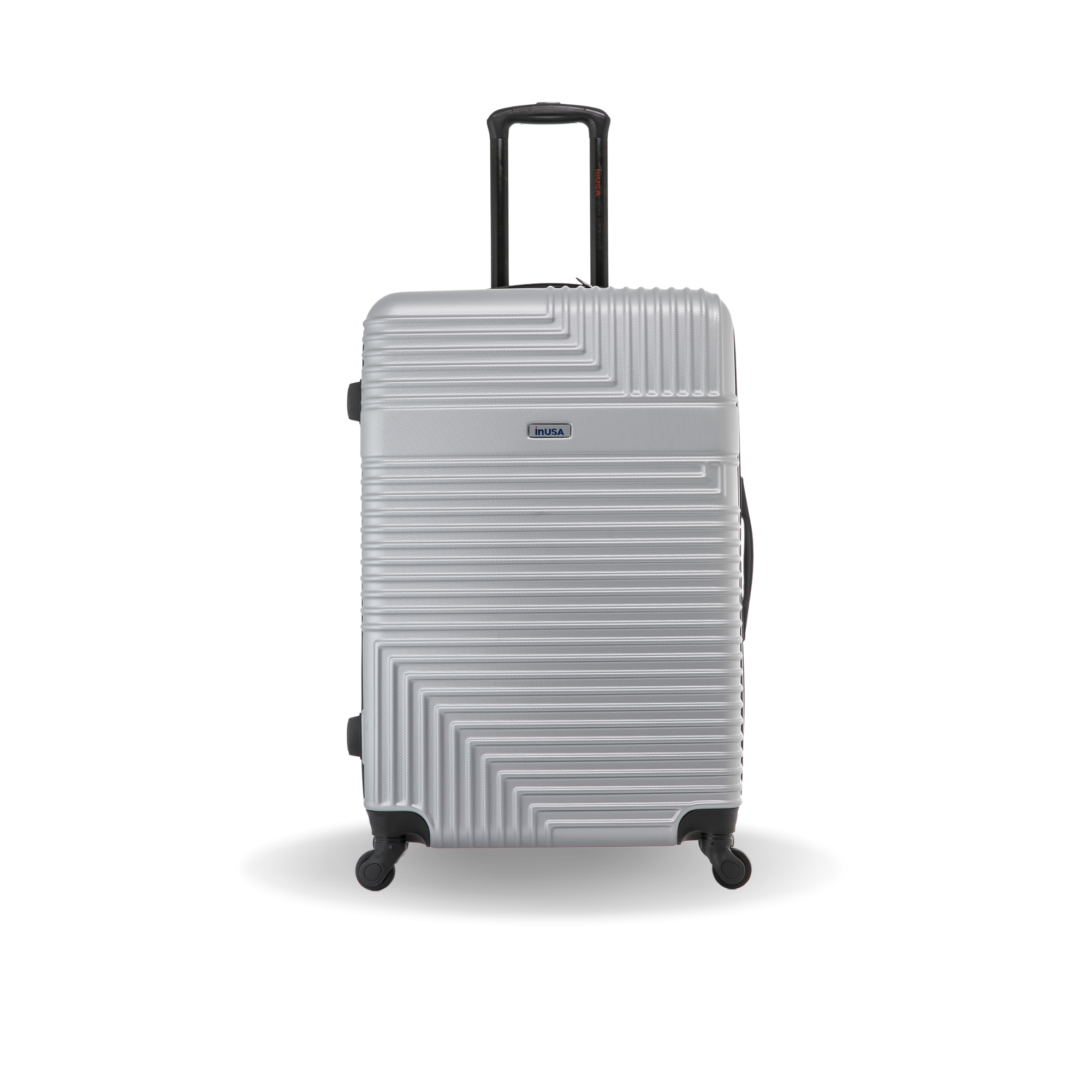 Silver suitcase with geometric pattern on a white background