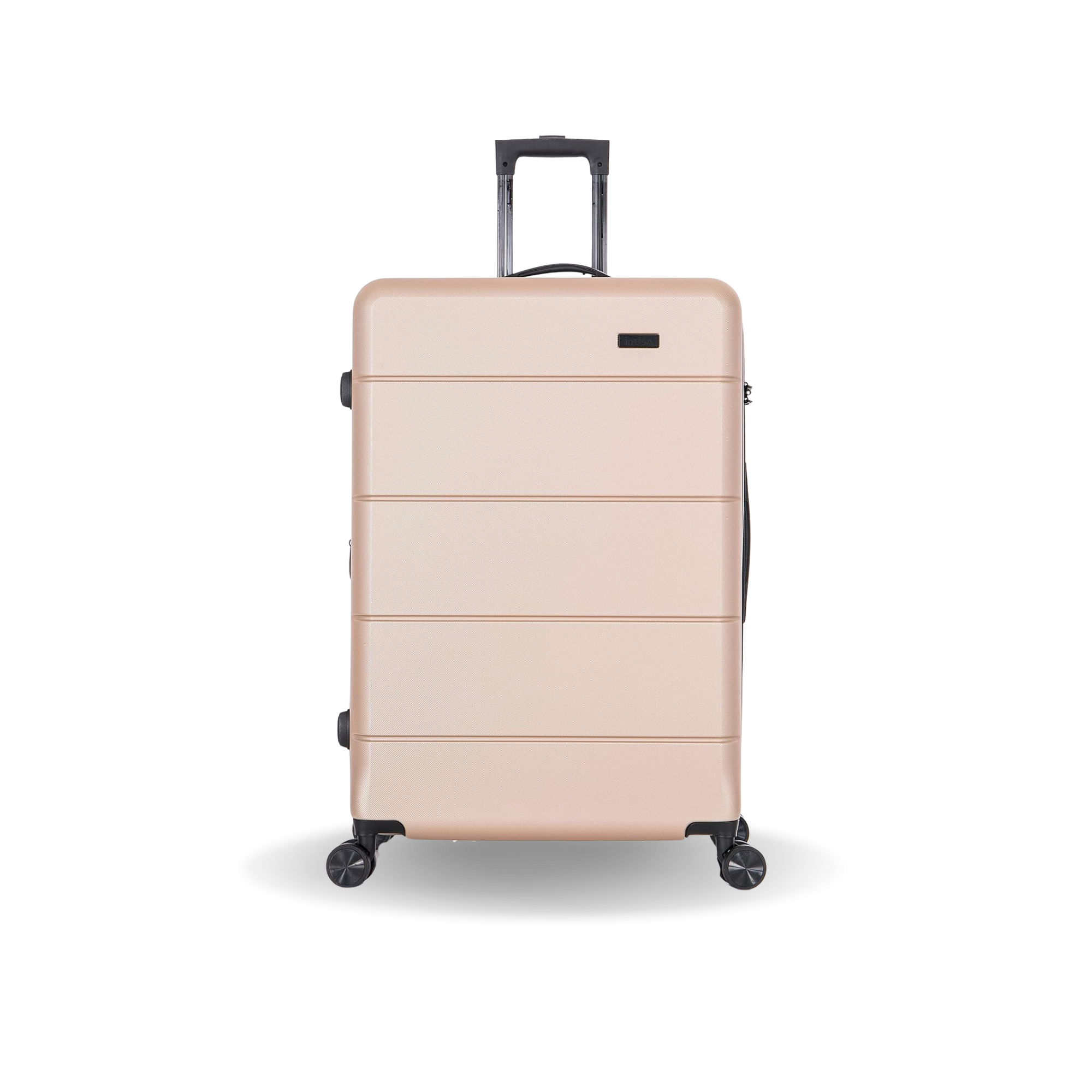 Beige suitcase with wheels on a white background