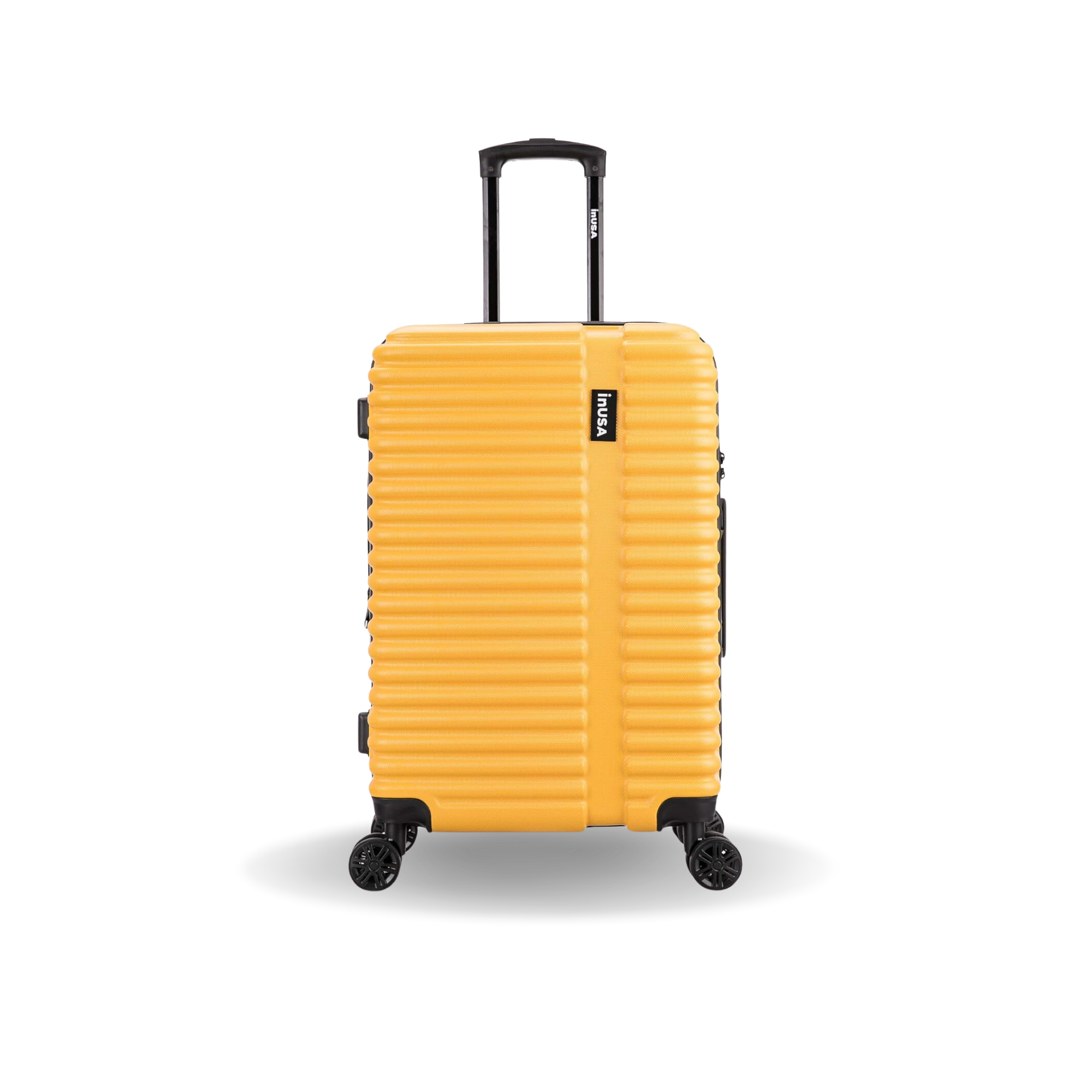 Yellow suitcase with black wheels and handle on a white background
