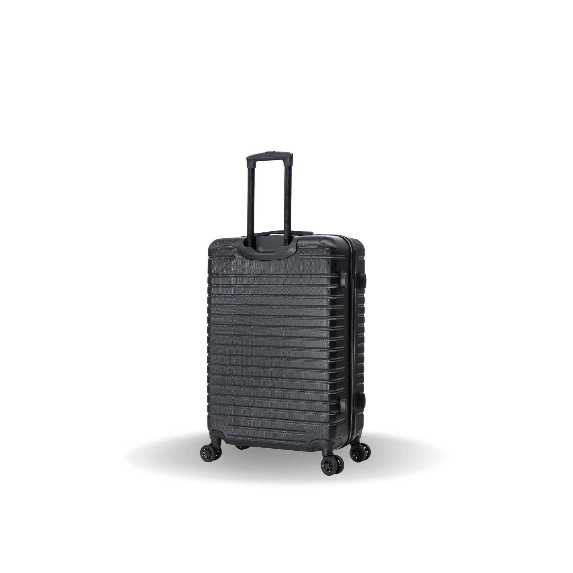 Black suitcase with wheels on a white background