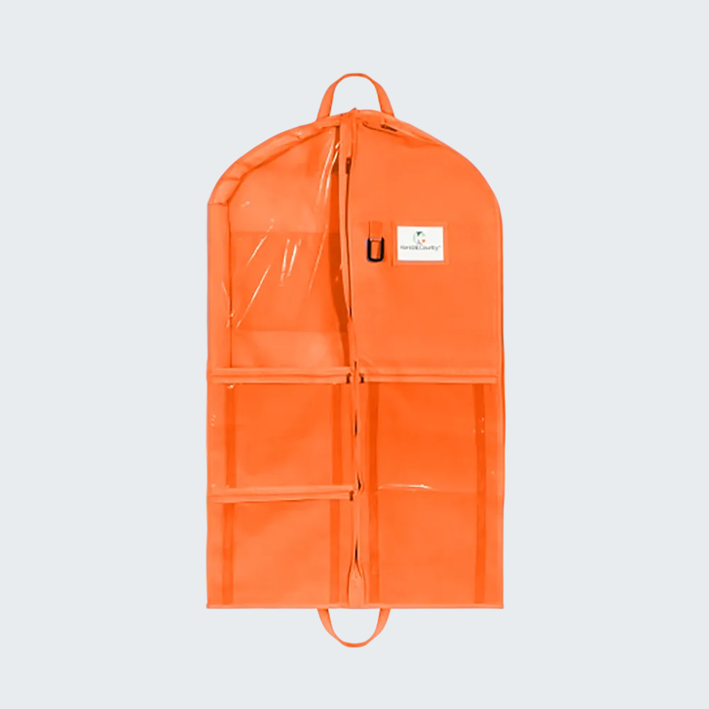 Orange garment bag with clear front panel on a white background