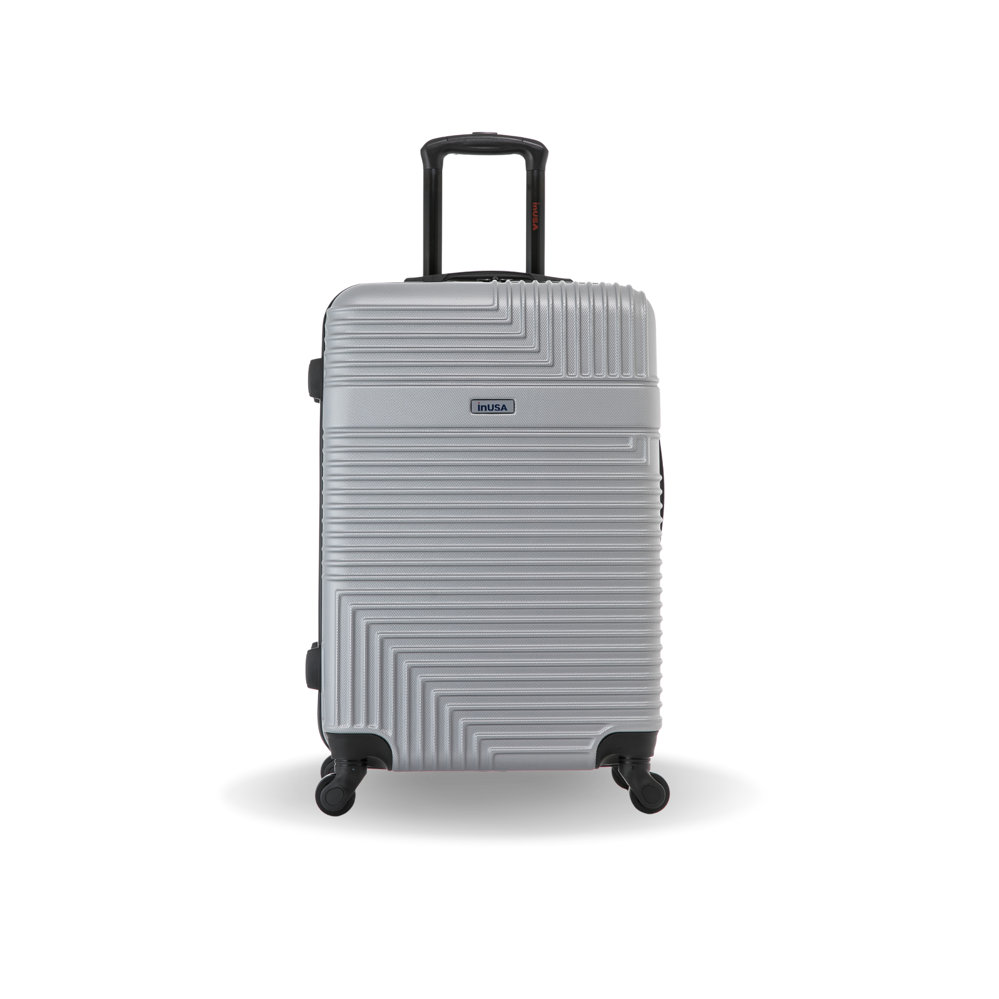 Gray suitcase with geometric pattern on a white background
