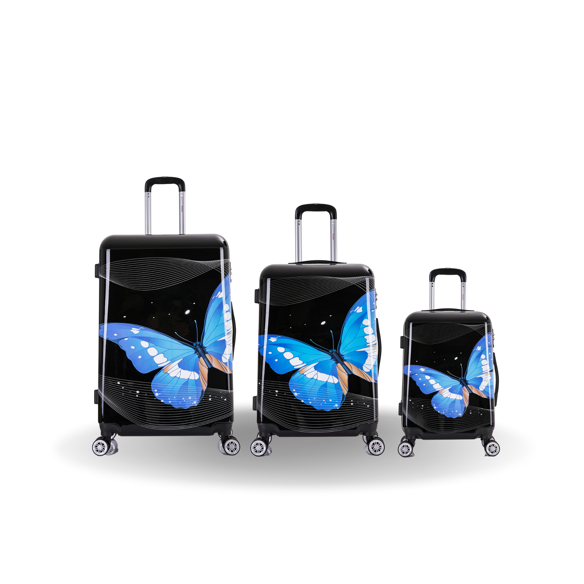 Three suitcases with blue butterfly design on a white background