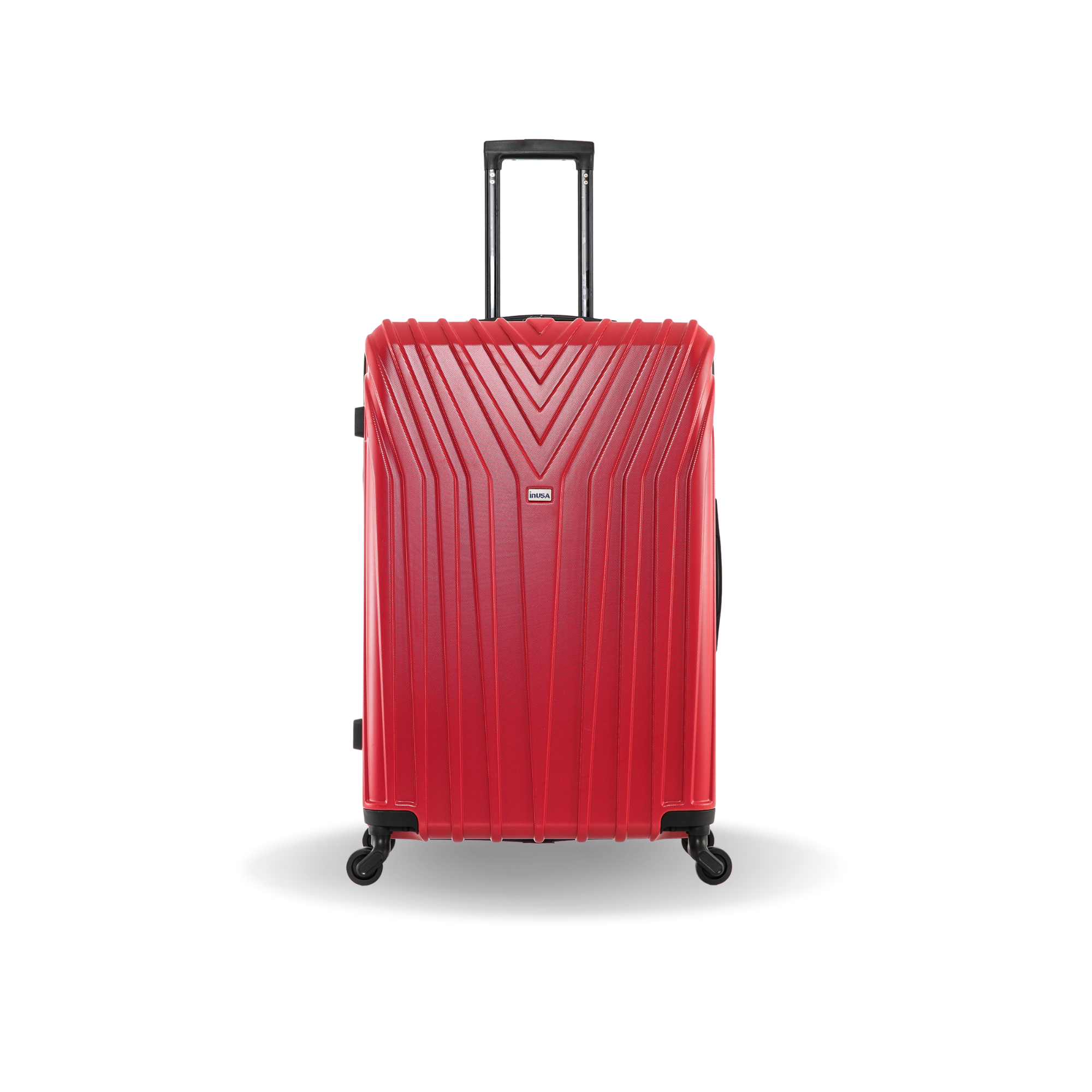 Red suitcase with a black handle on a white background
