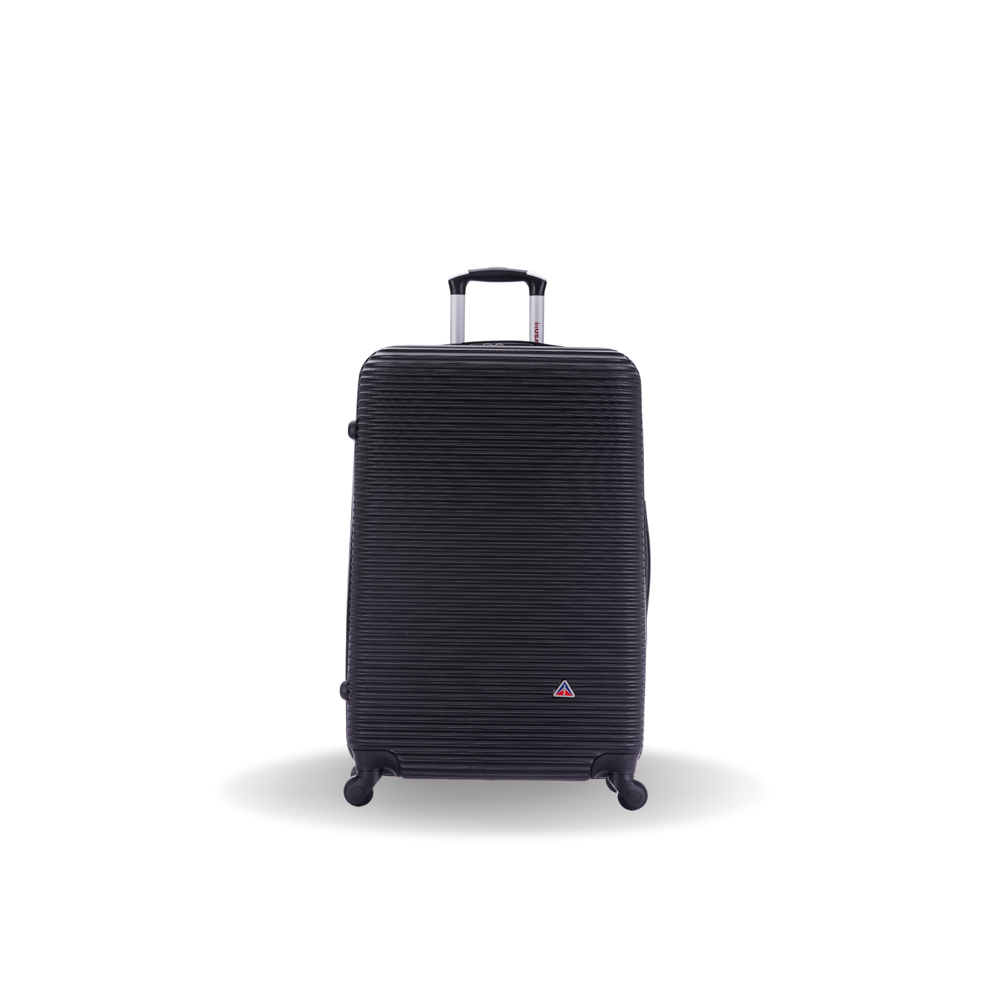 Black suitcase with a visible brand logo on a white background