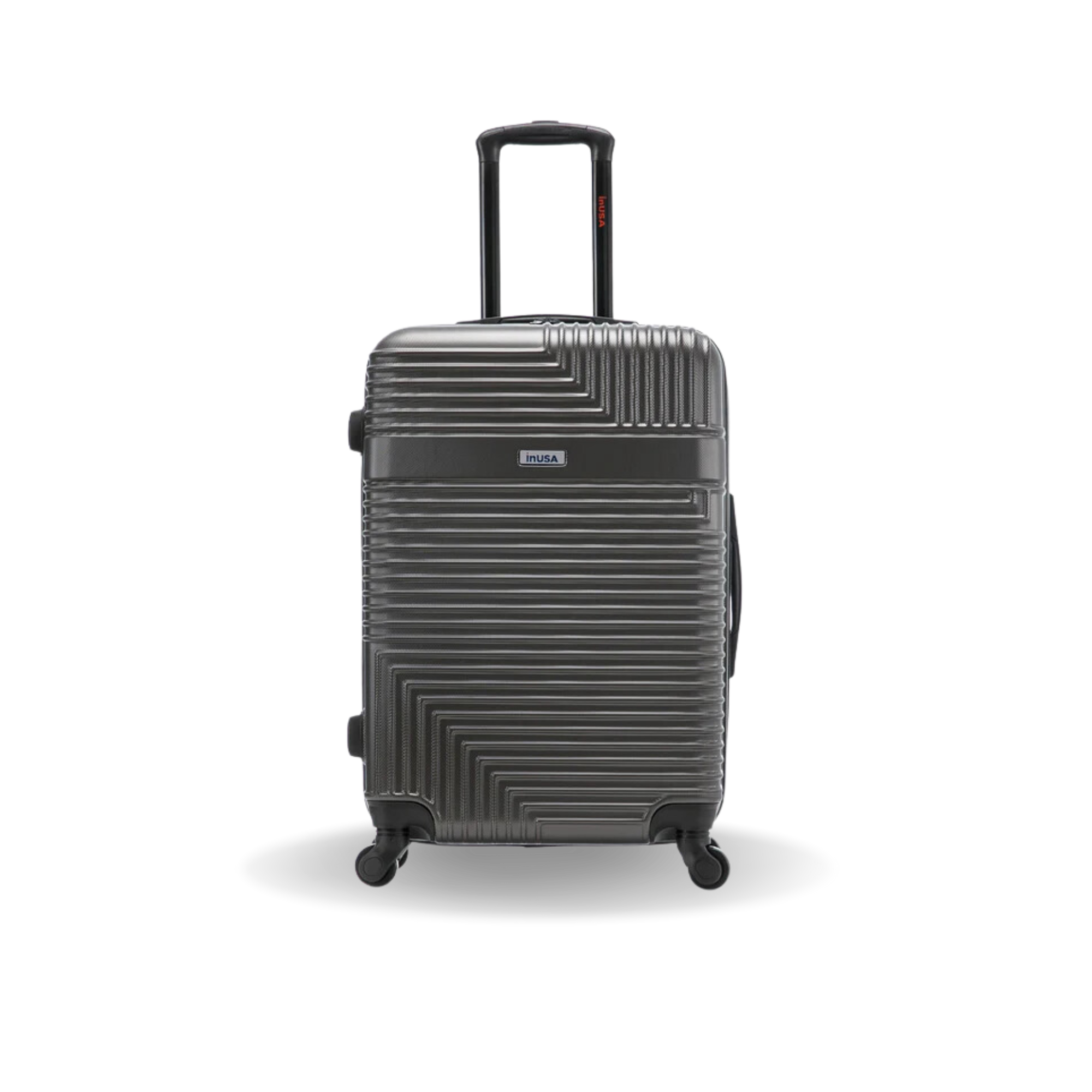 Black suitcase with geometric pattern on a white background
