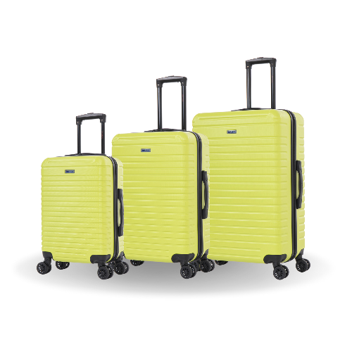 Three yellow suitcases of different sizes on a white background