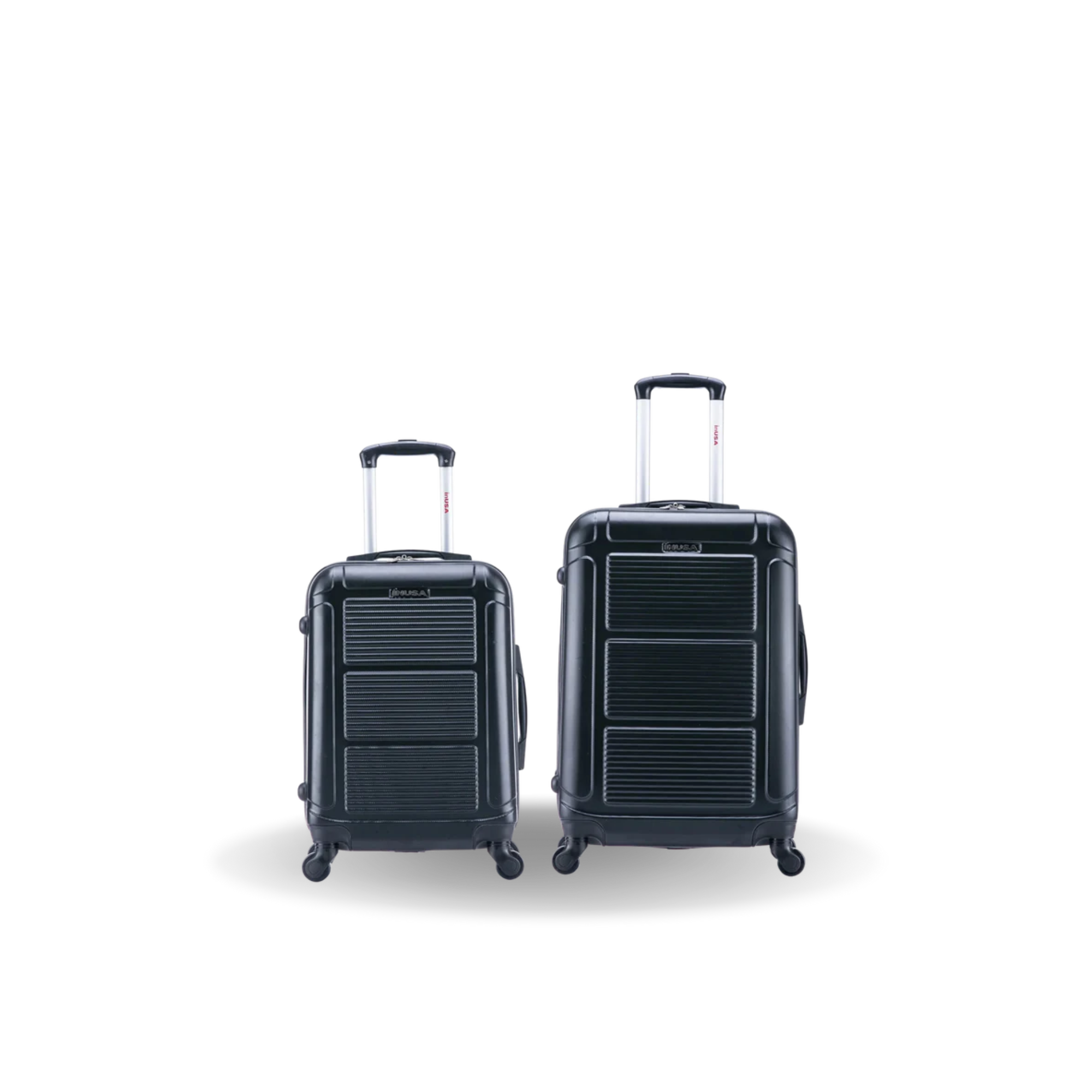 Two black suitcases with wheels on a white background