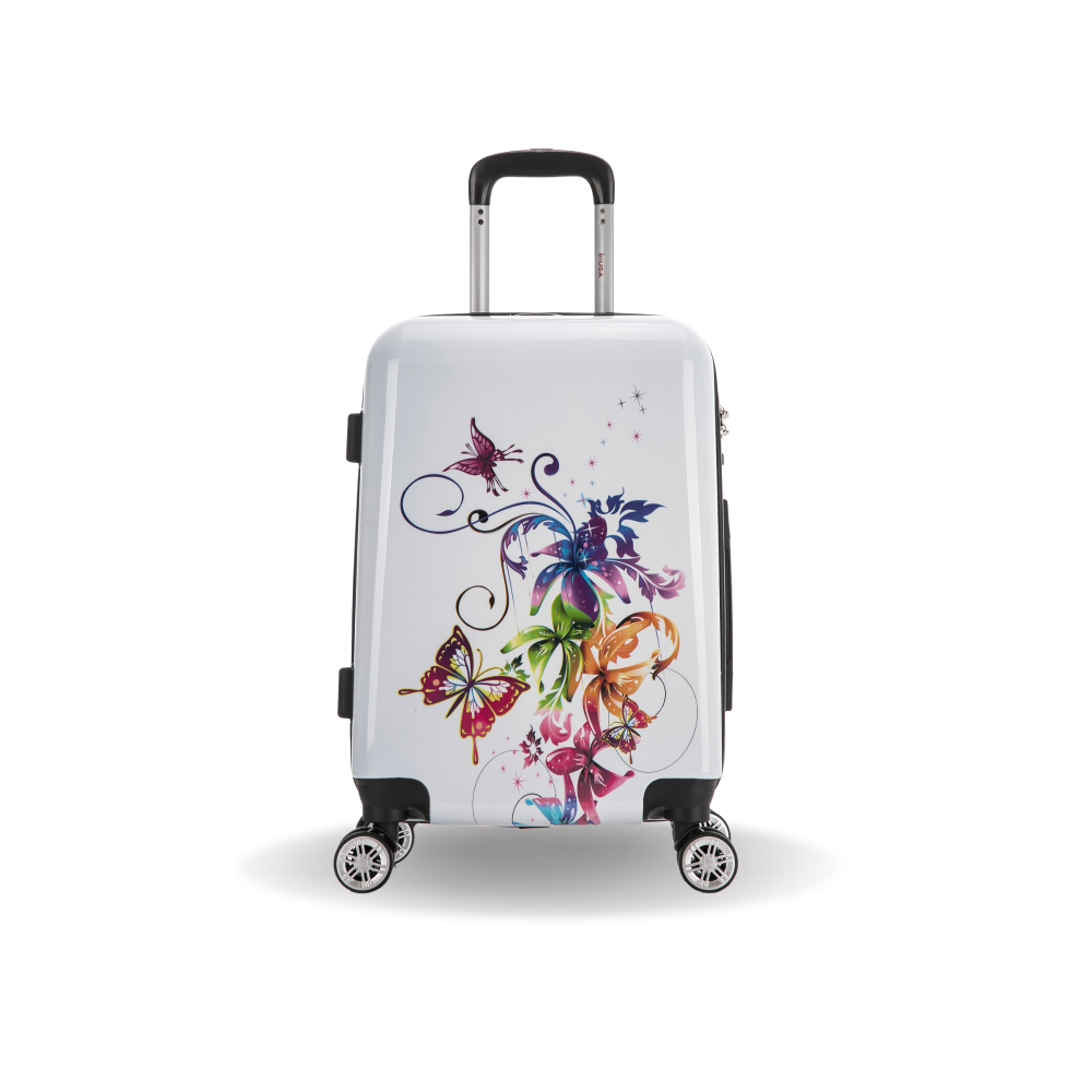 White suitcase with colorful butterfly design on a white background