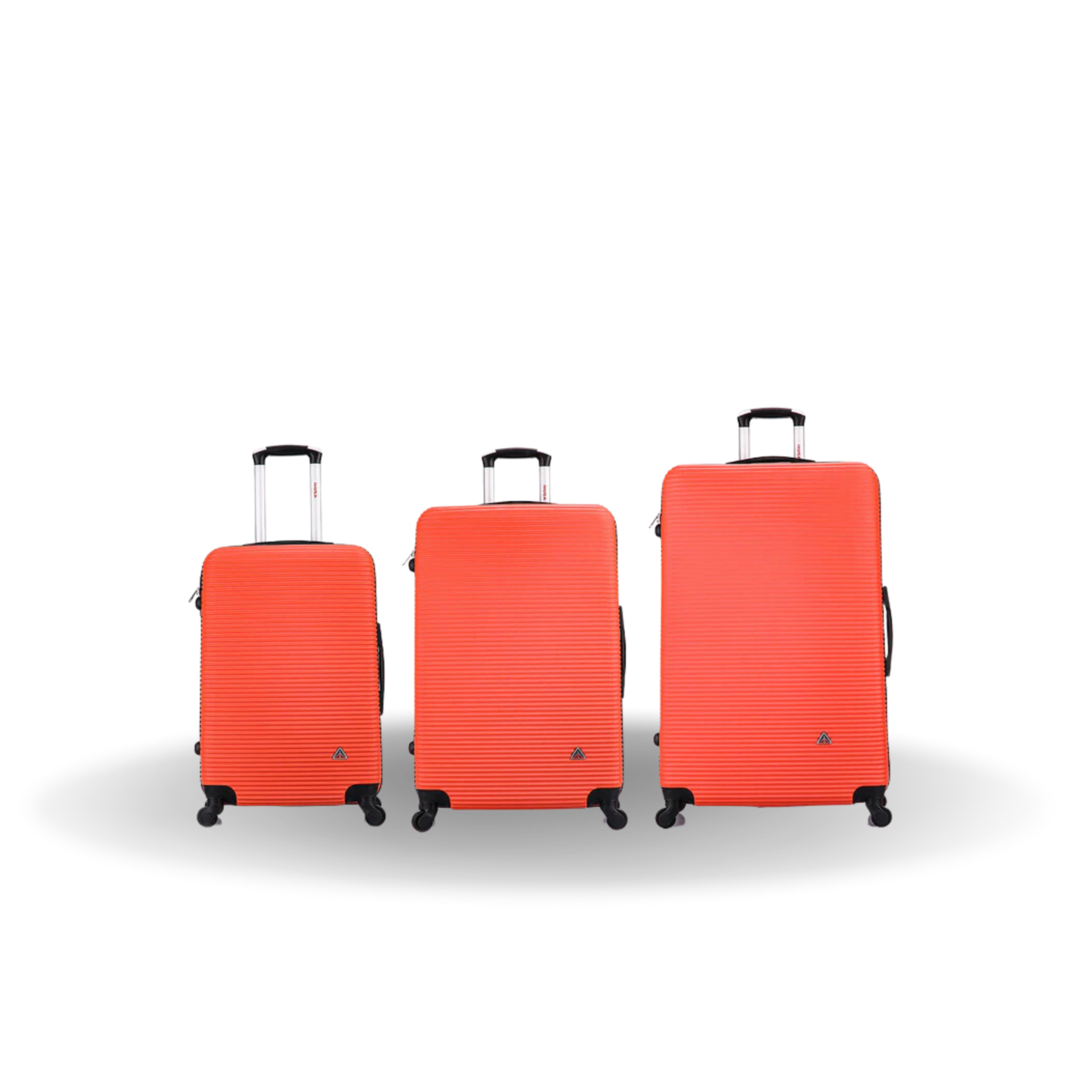 Three orange suitcases of different sizes on a white background