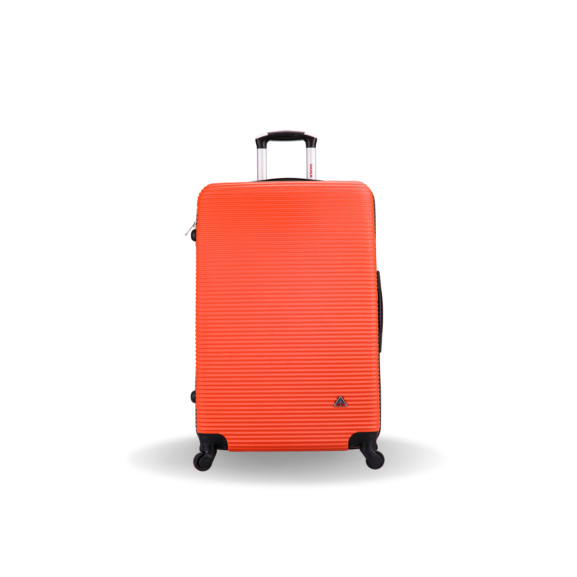 Orange suitcase with a visible brand logo on a white background