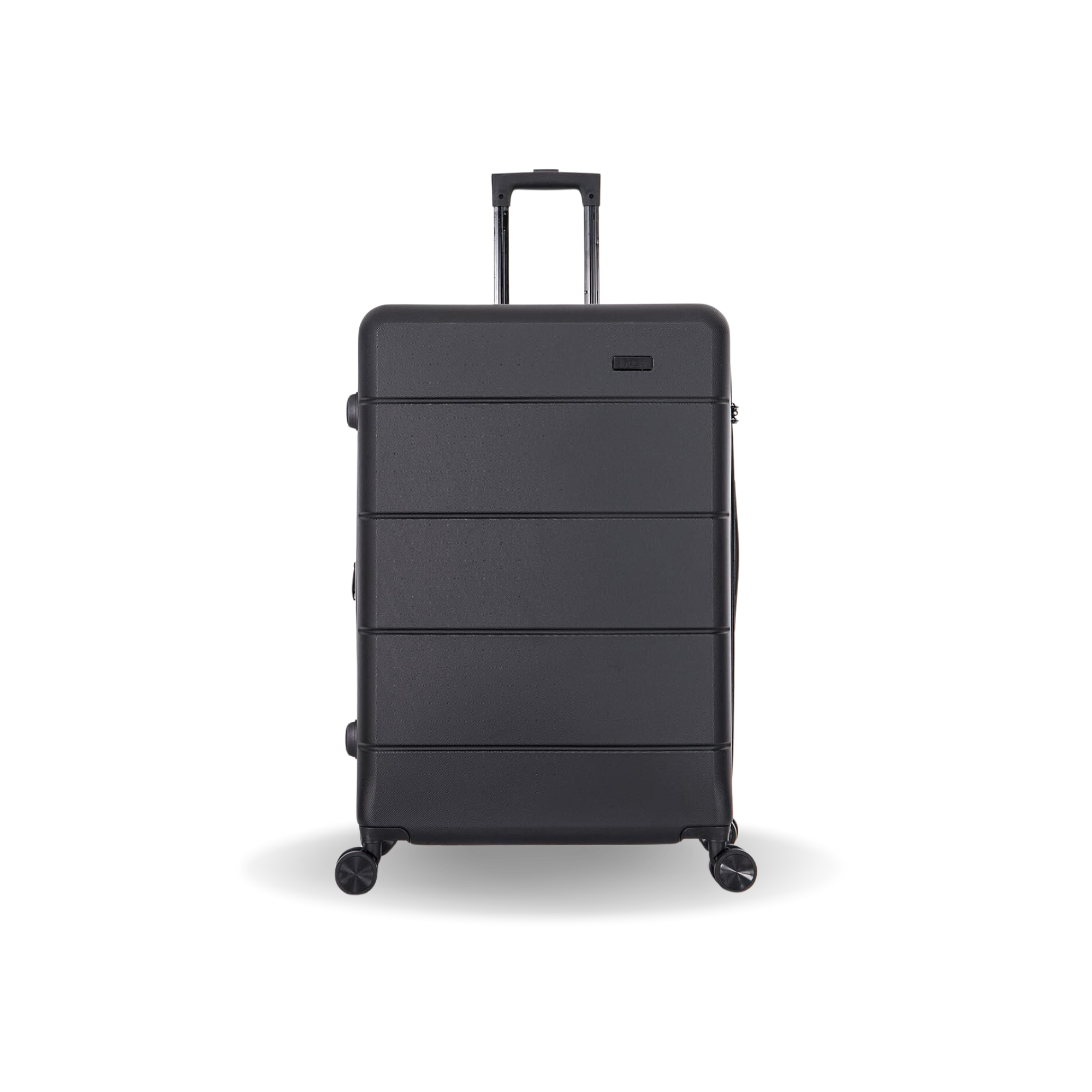 Black suitcase with wheels on a white background