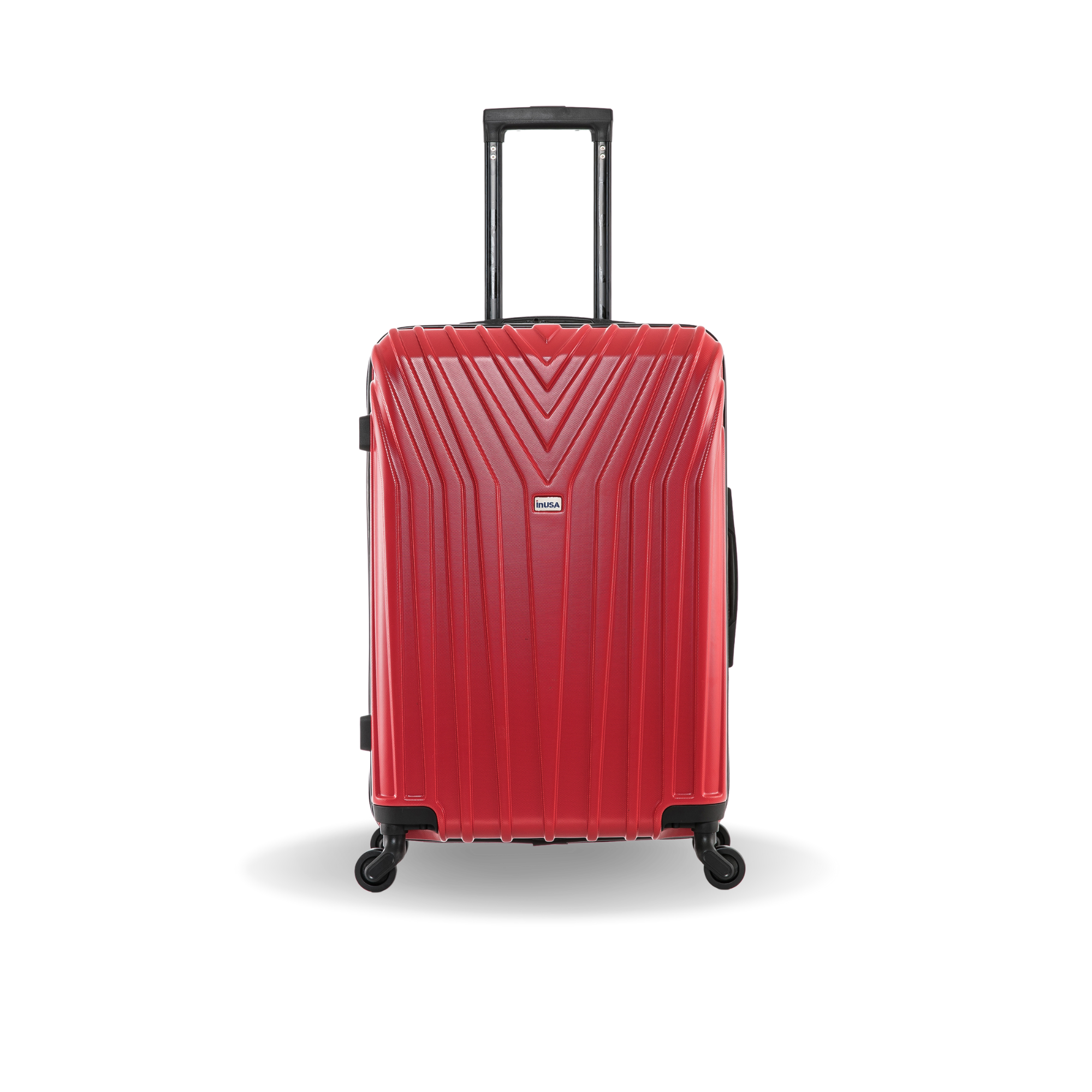 Red suitcase with a black handle on a white background