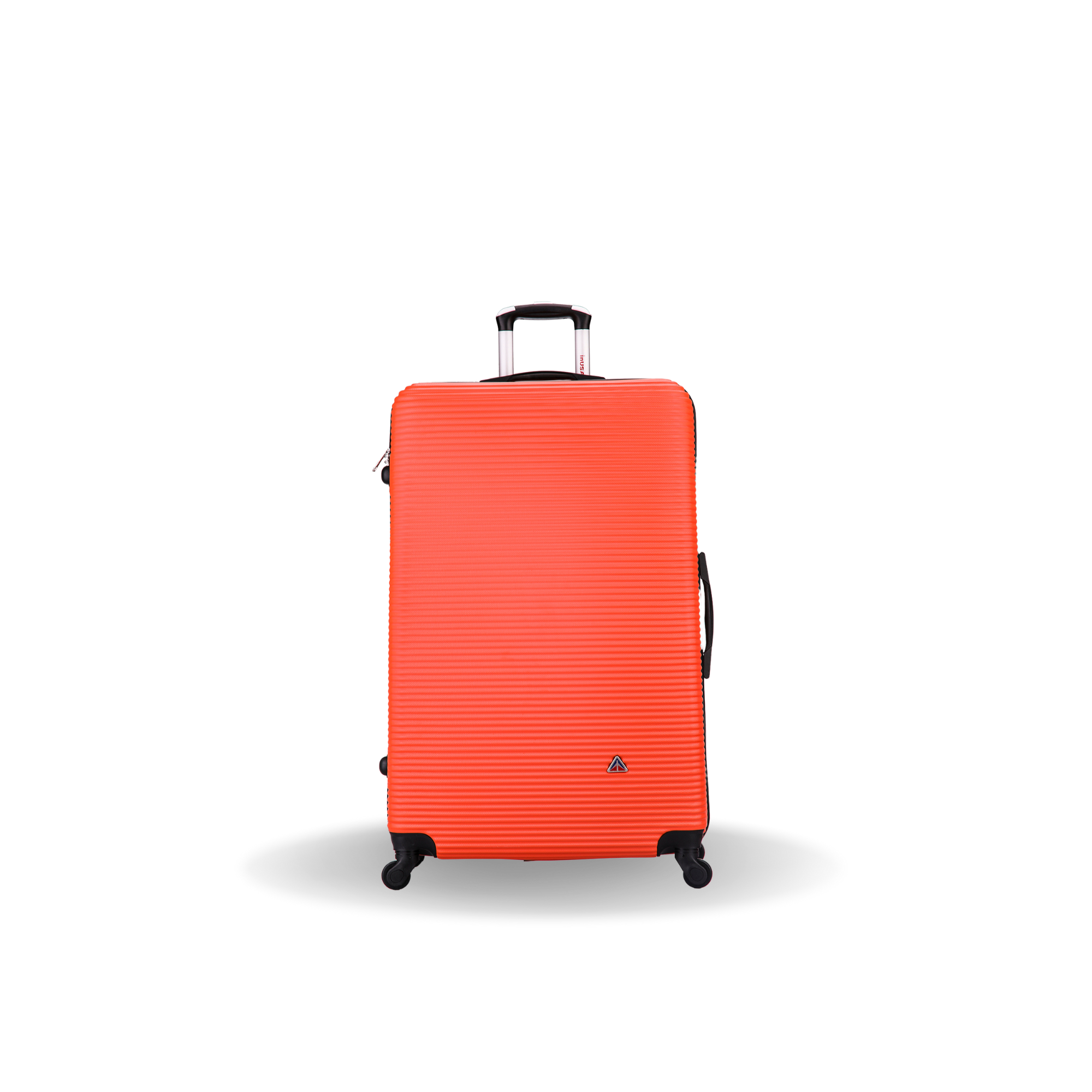 Orange suitcase with black wheels on a white background