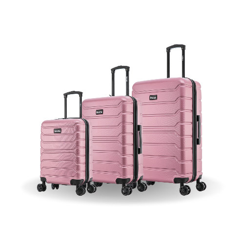 Set of three pink suitcases with black handles and wheels on a white background