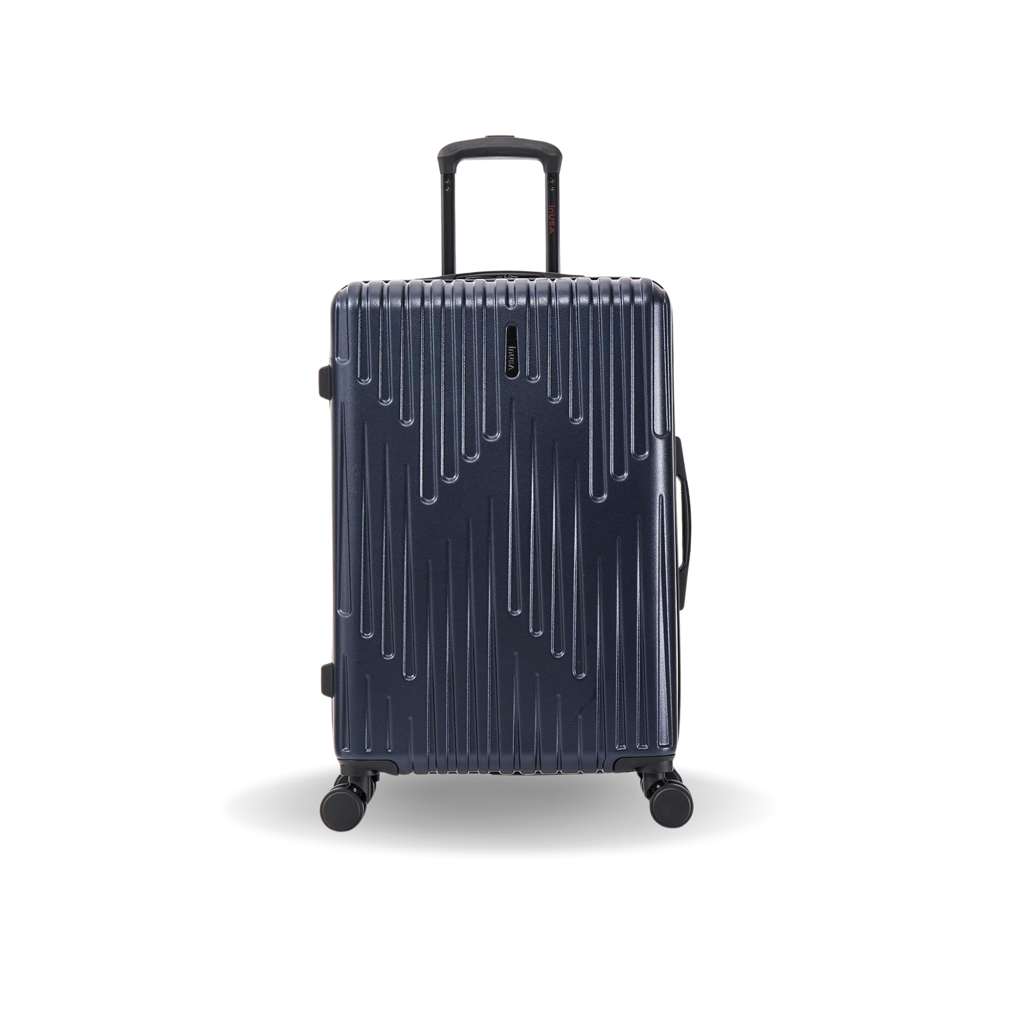 Navy blue suitcase with a textured surface on a white background