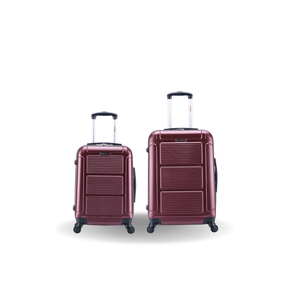 Two maroon suitcases of different sizes on a white background