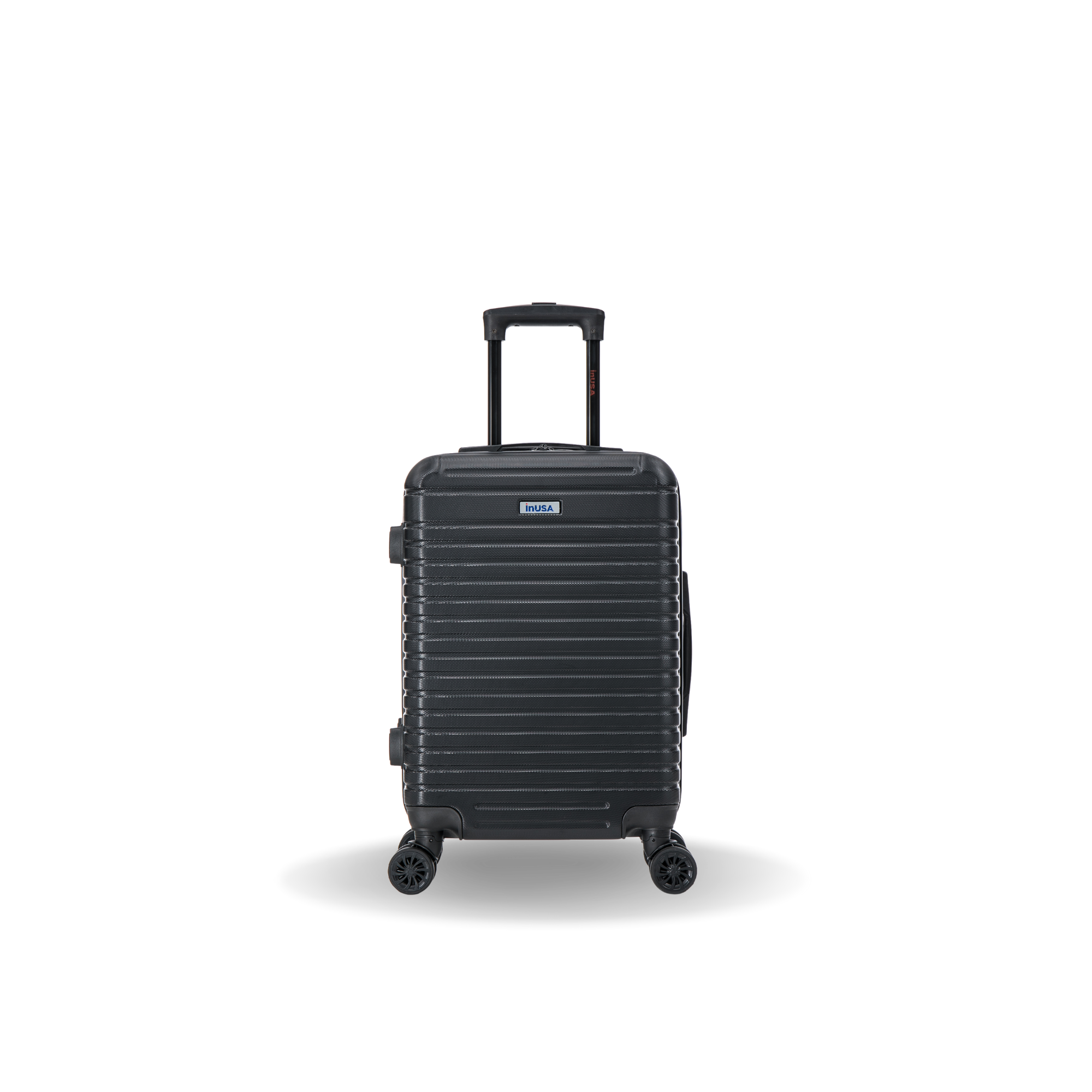 Black suitcase with a visible brand logo on a white background